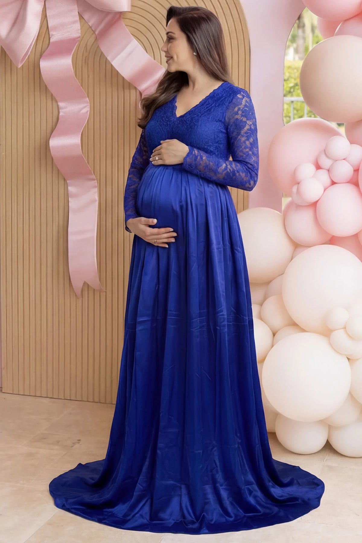 Lace-Spliced Silk Long Sleeve Maternity Gown