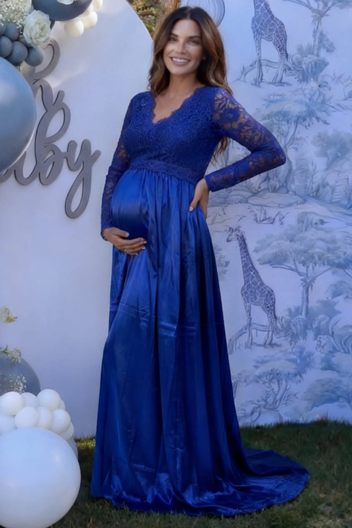 Lace-Spliced Silk Long Sleeve Maternity Gown