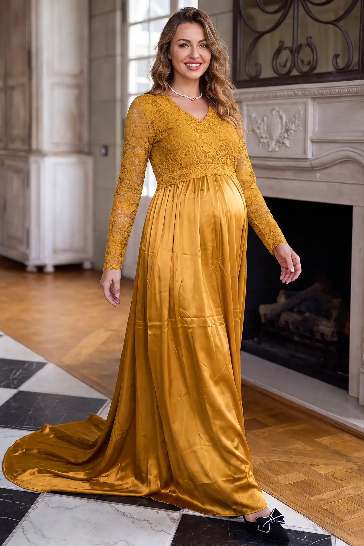 Lace-Spliced Silk Long Sleeve Maternity Gown
