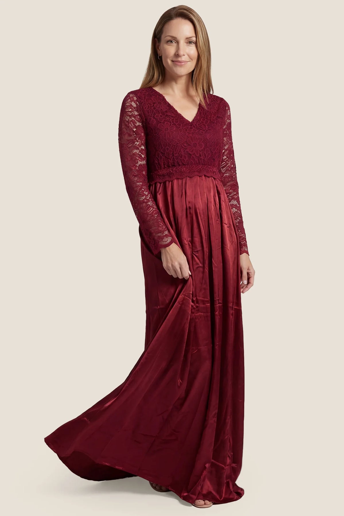 Lace-Spliced Silk Long Sleeve Maternity Gown