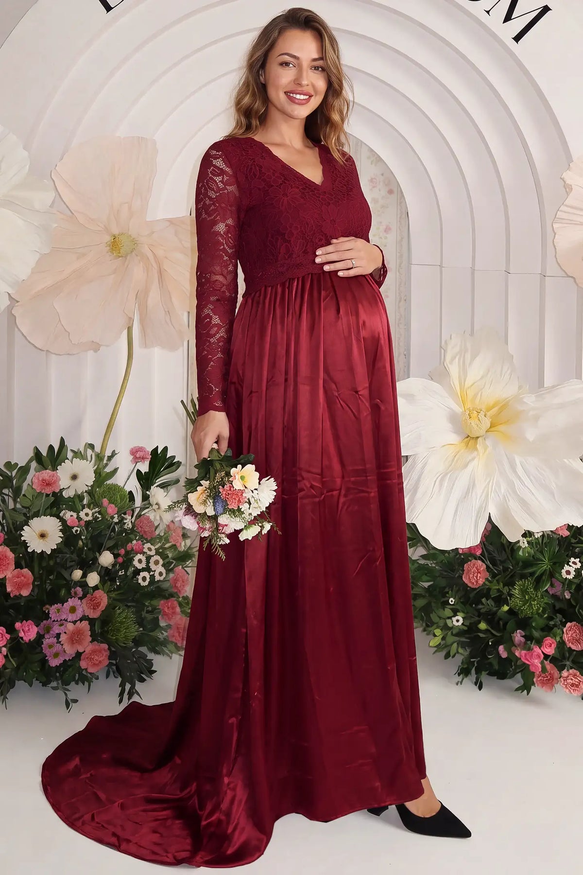 Lace-Spliced Silk Long Sleeve Maternity Gown