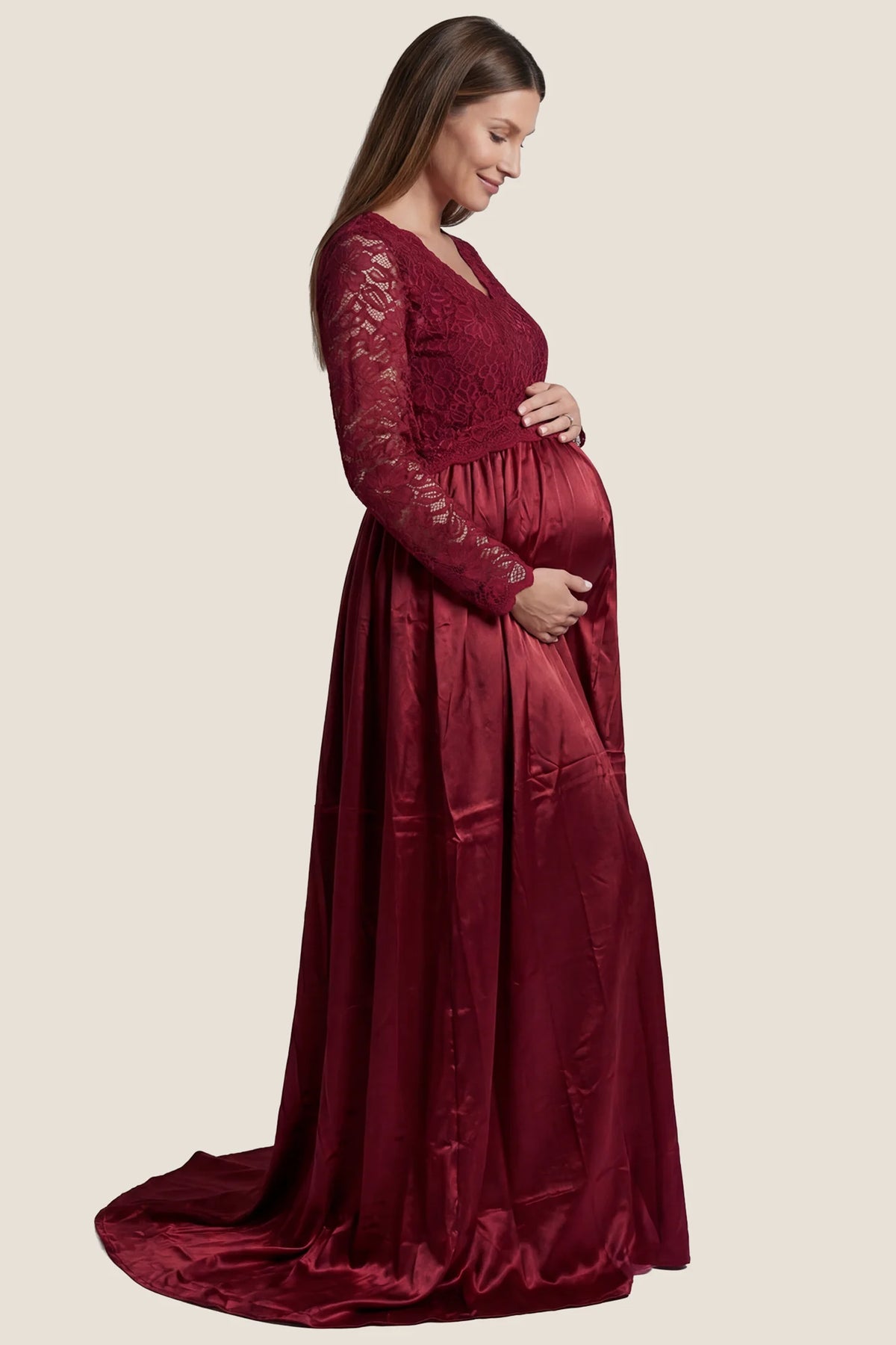 Lace-Spliced Silk Long Sleeve Maternity Gown