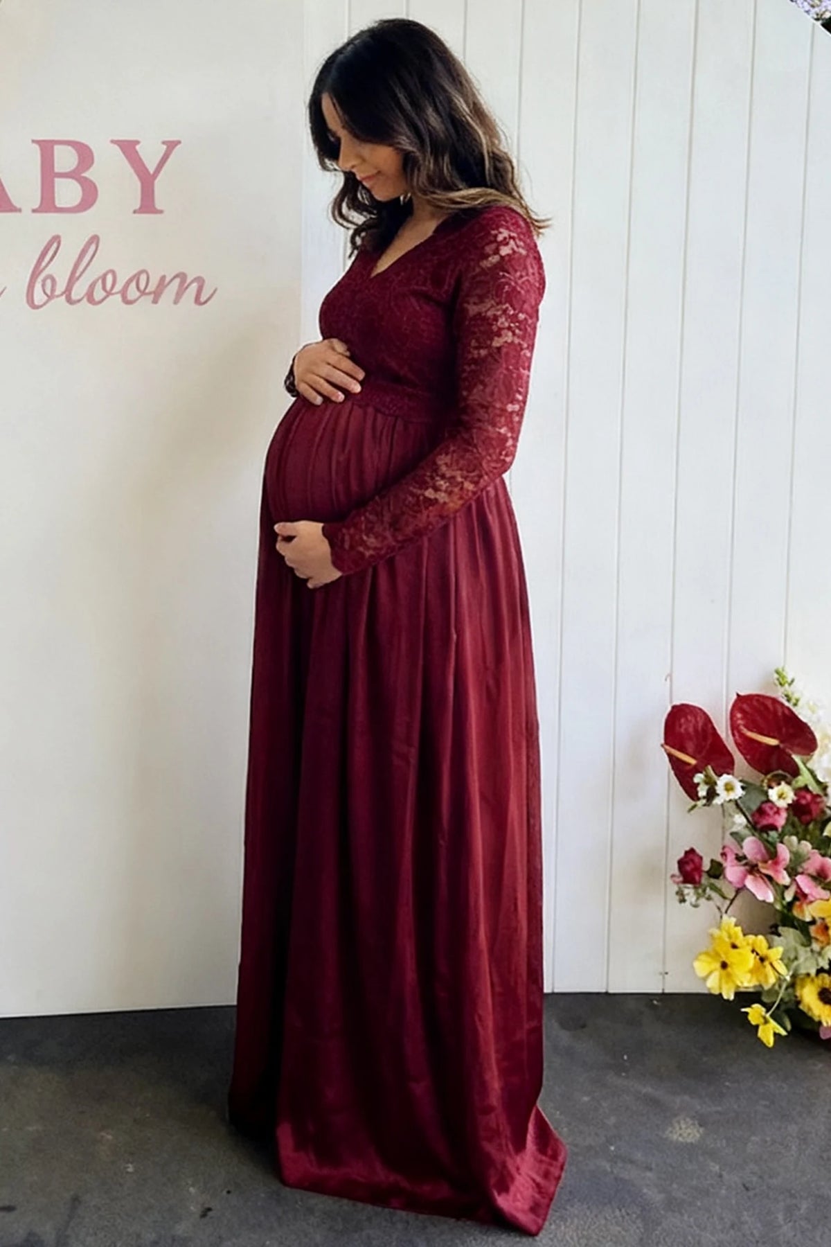 Lace-Spliced Silk Long Sleeve Maternity Gown