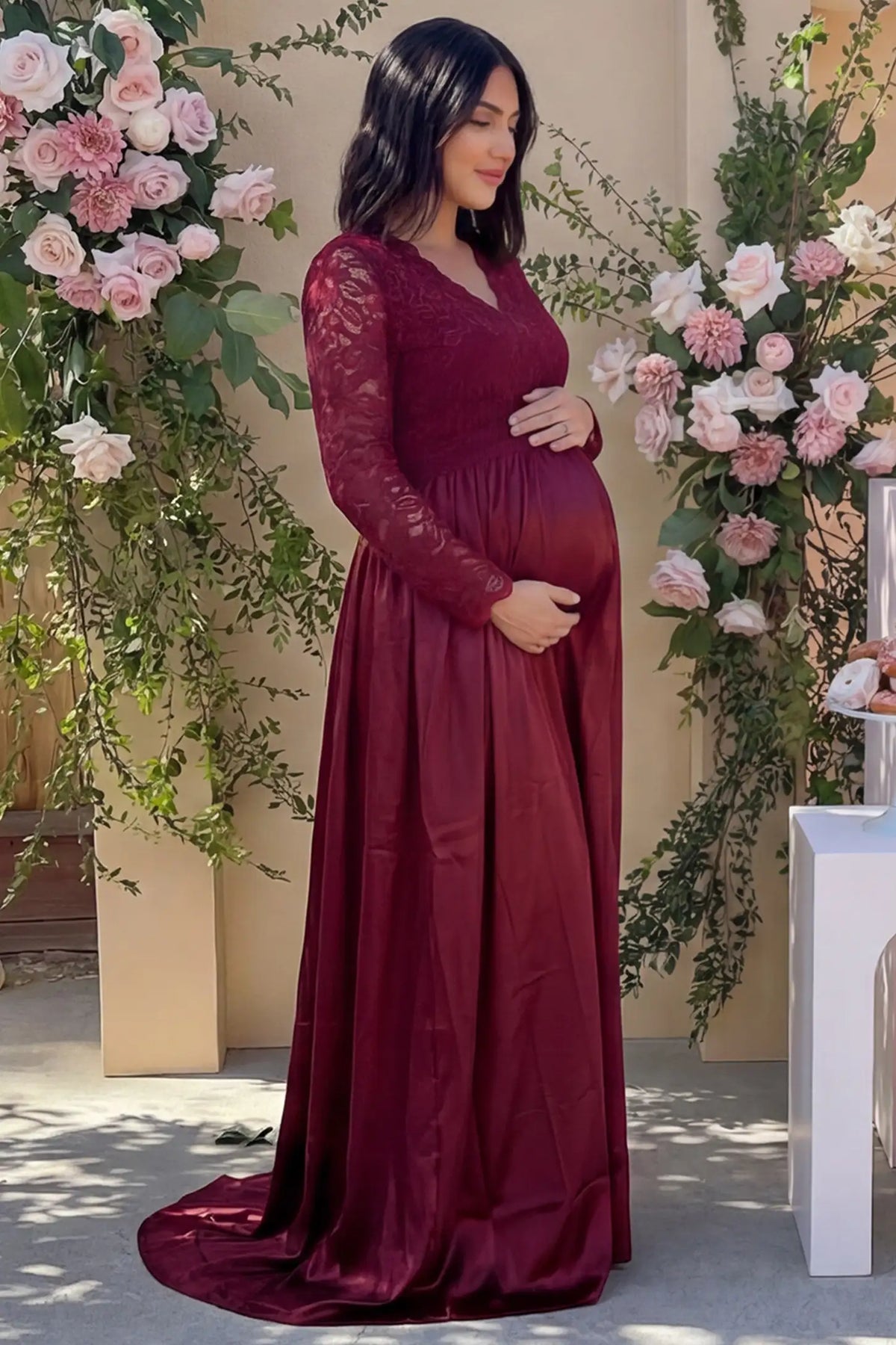 Lace-Spliced Silk Long Sleeve Maternity Gown