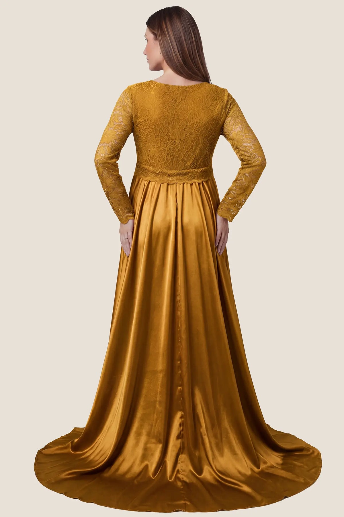 Lace-Spliced Silk Long Sleeve Maternity Gown