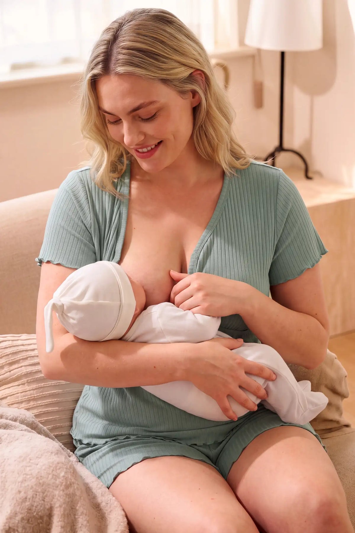Ribbed Short Sleeve & Drawstring Shorts Maternity Pajama Set