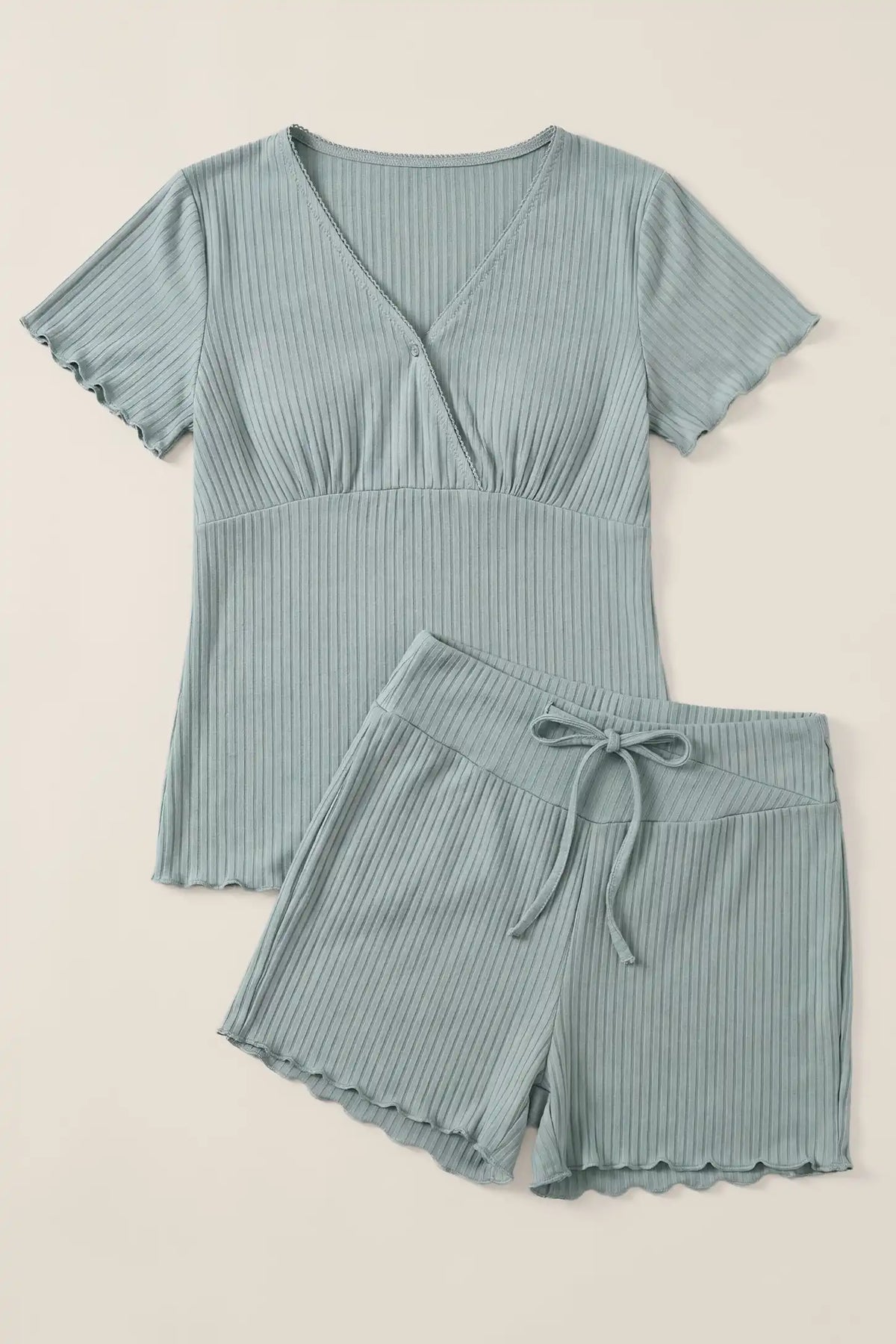 Ribbed Short Sleeve & Drawstring Shorts Maternity Pajama Set