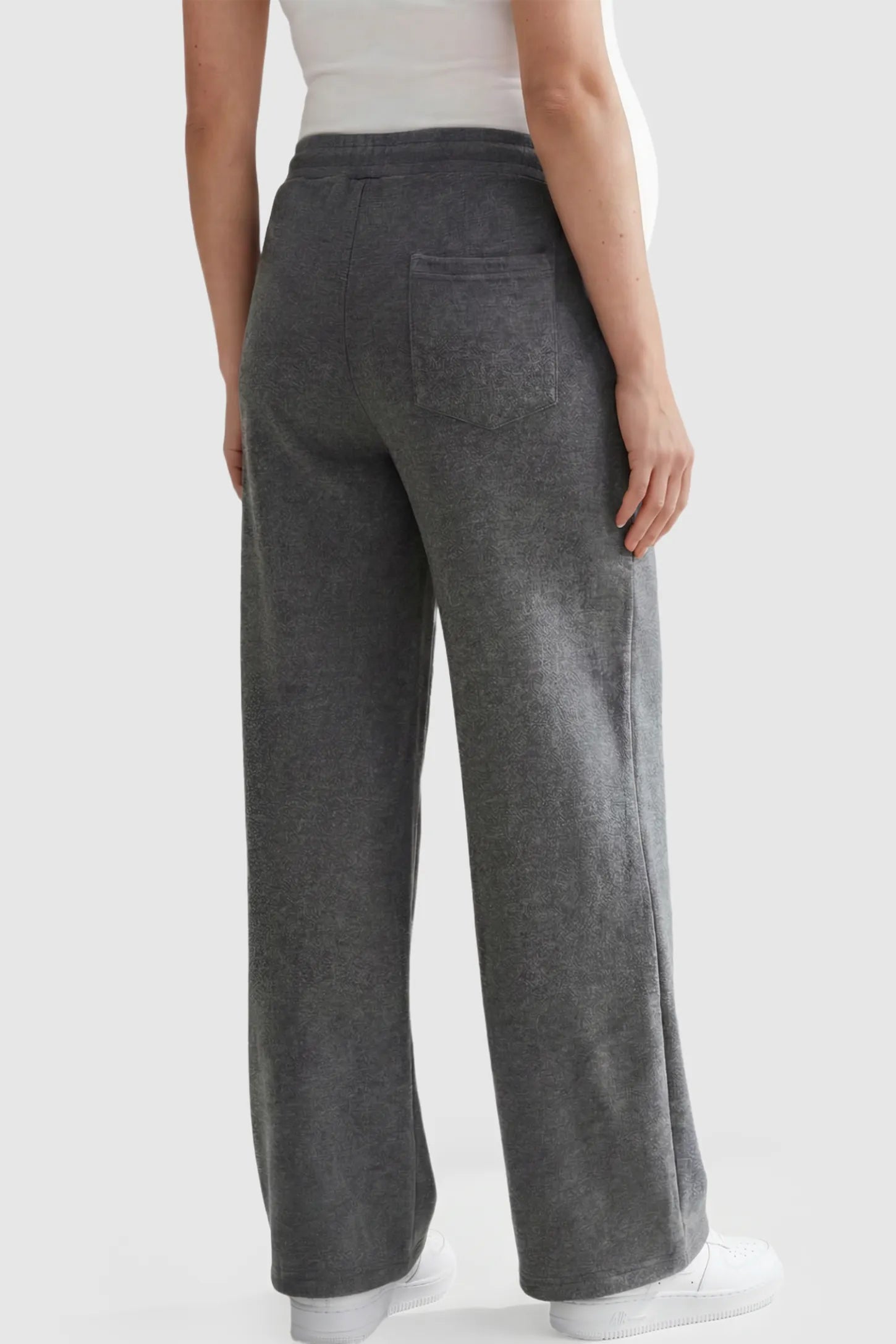 Drawstring Waist Wide Leg Maternity Lounge Pants Drawstring Waist Wide Leg Maternity Lounge Pants in Dark Gray featuring diagonal seam detailing and a relaxed silhouette on a pregnant model.