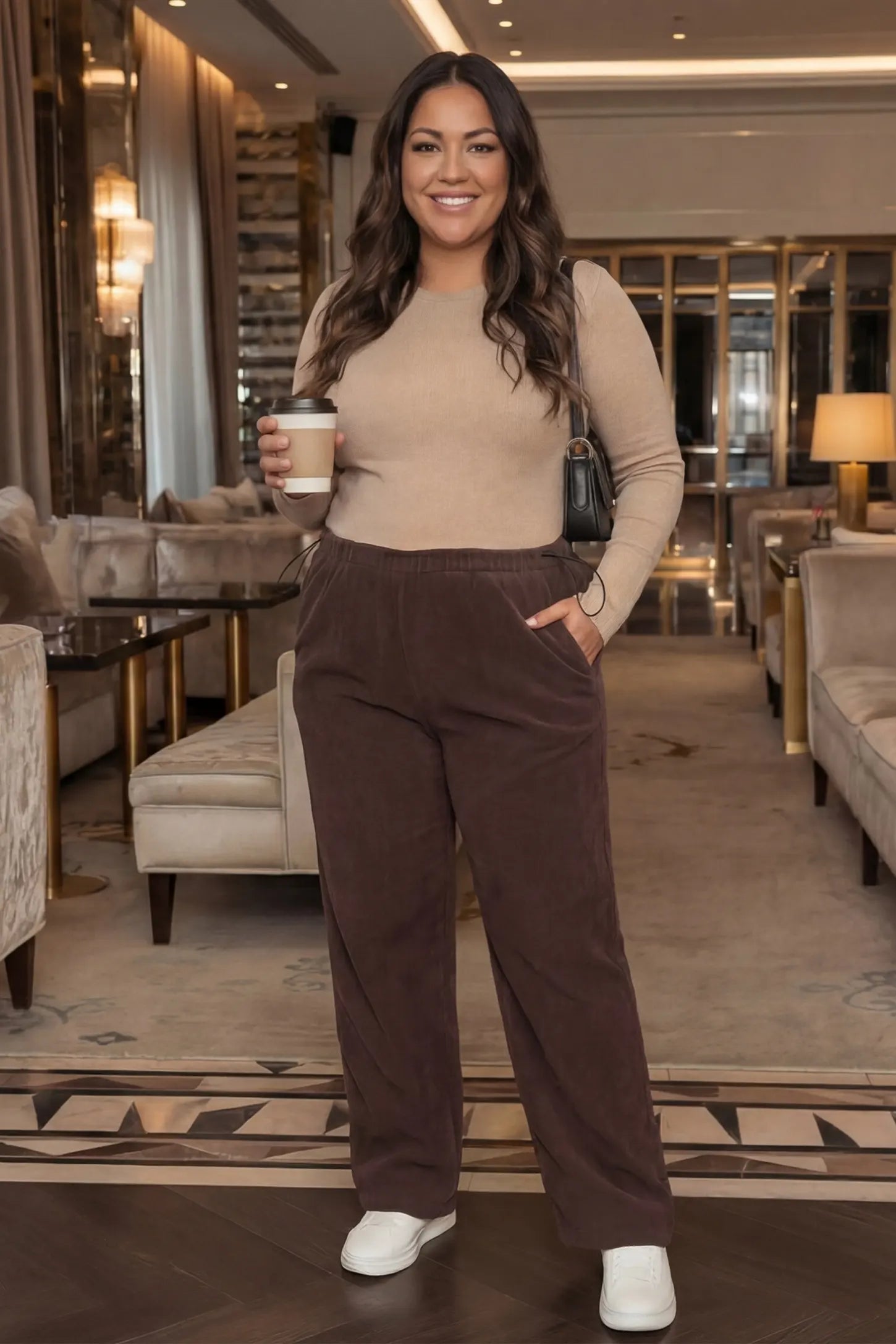 Corduroy Drawstring Waist Wide-Leg Maternity Pants Corduroy drawstring waist wide-leg maternity pants in coffee with vintage-inspired corduroy fabric, on editorial lifestyle model
