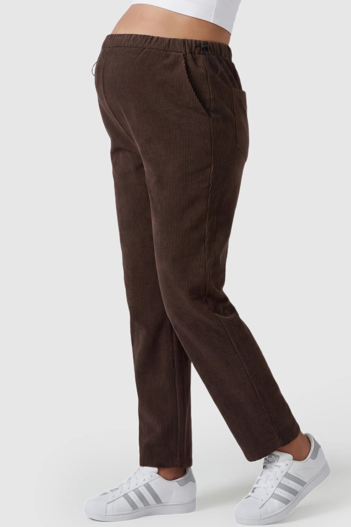 Corduroy Drawstring Waist Wide-Leg Maternity Pants Corduroy drawstring waist wide-leg maternity pants in coffee with functional side pockets, side view on pregnant model