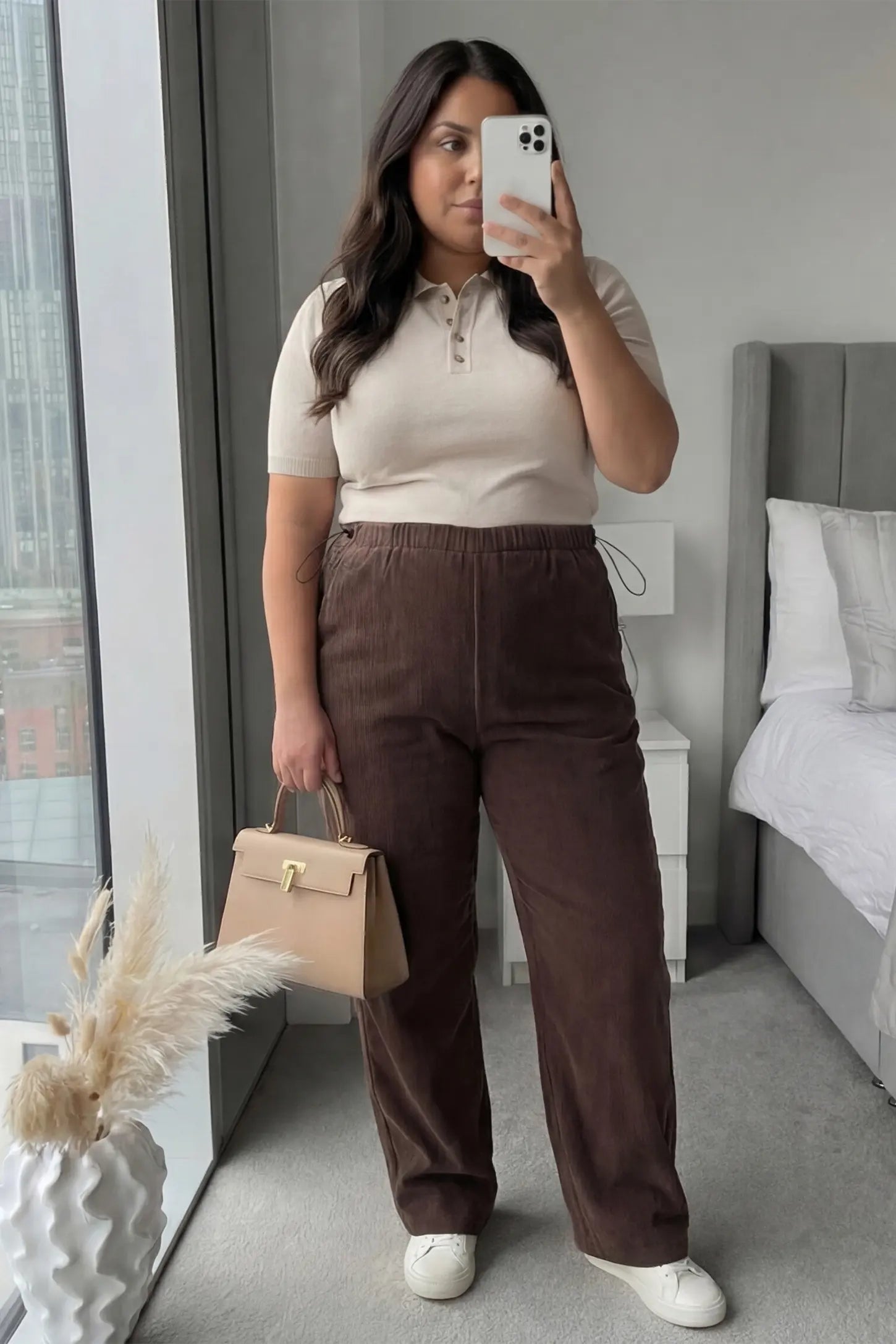 Corduroy Drawstring Waist Wide-Leg Maternity Pants Corduroy drawstring waist wide-leg maternity pants in coffee with cozy seasonal style, on UGC model