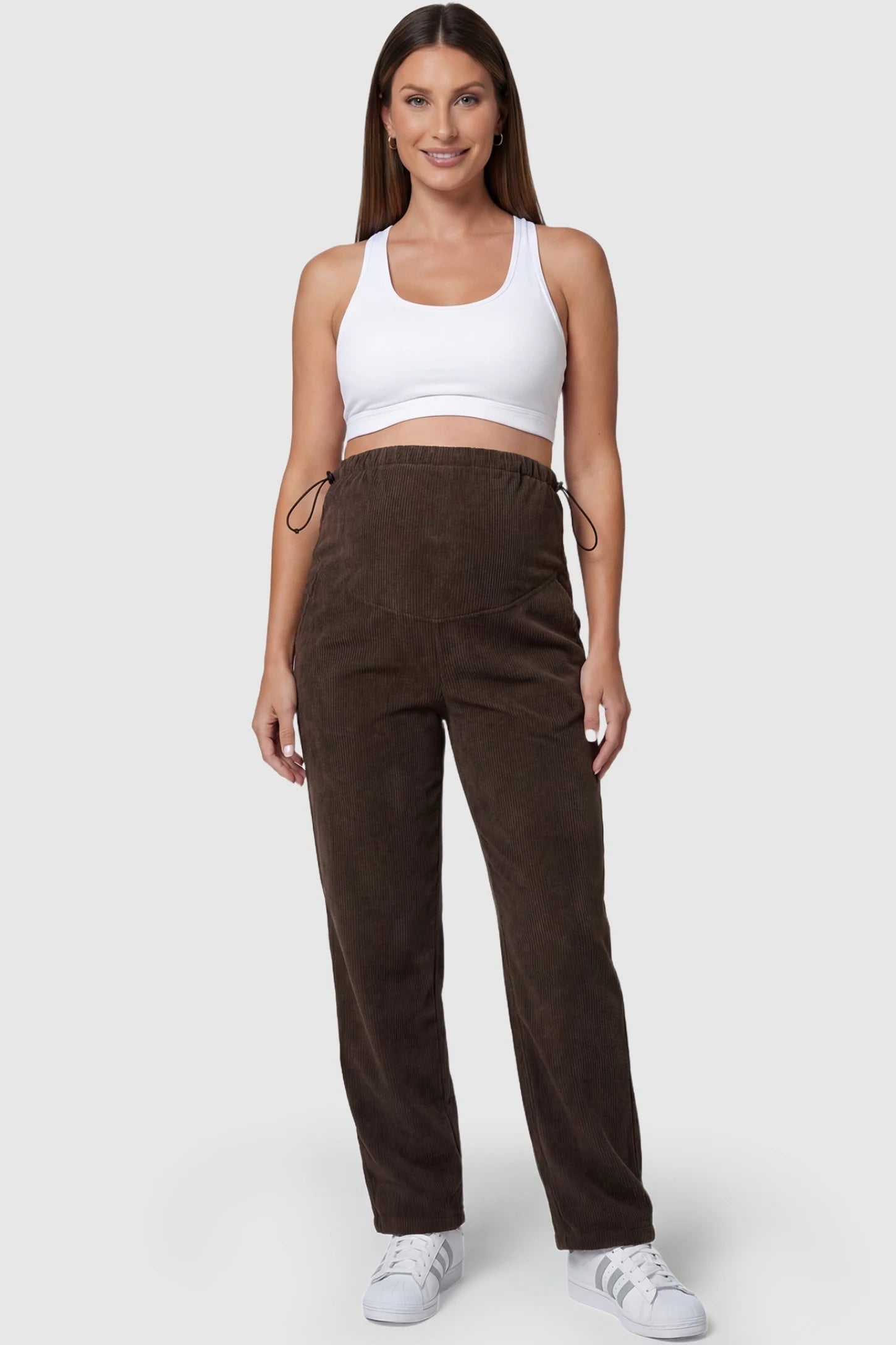 Corduroy Drawstring Waist Wide-Leg Maternity Pants Corduroy drawstring waist wide-leg maternity pants in coffee with relaxed wide-leg silhouette, full body on pregnant model