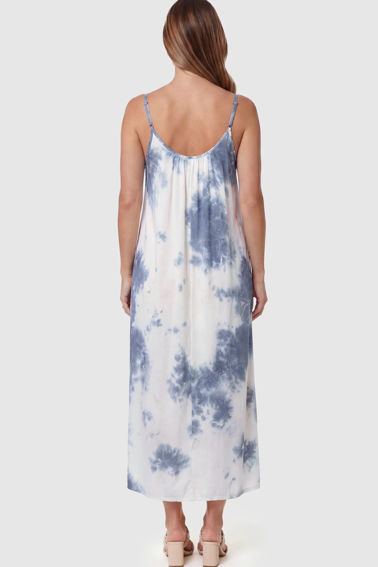 Tie-Dye Print Spaghetti Strap Maternity Maxi Dress Tie-Dye Print Spaghetti Strap Maternity Maxi Dress in Gray and White on a pregnant model.