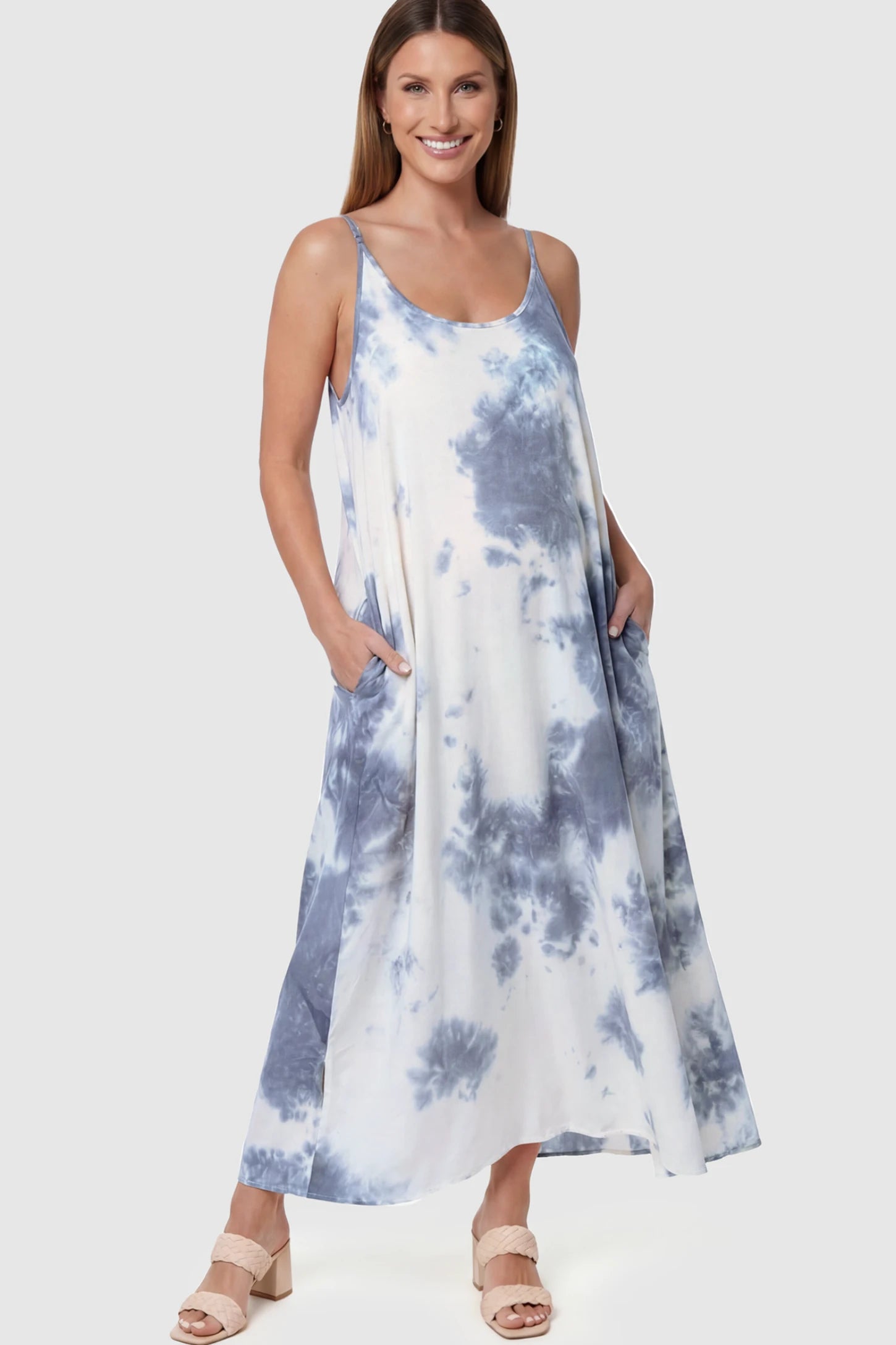 Tie-Dye Print Spaghetti Strap Maternity Maxi Dress Tie-Dye Print Spaghetti Strap Maternity Maxi Dress in Gray and White featuring side pockets on a pregnant model.