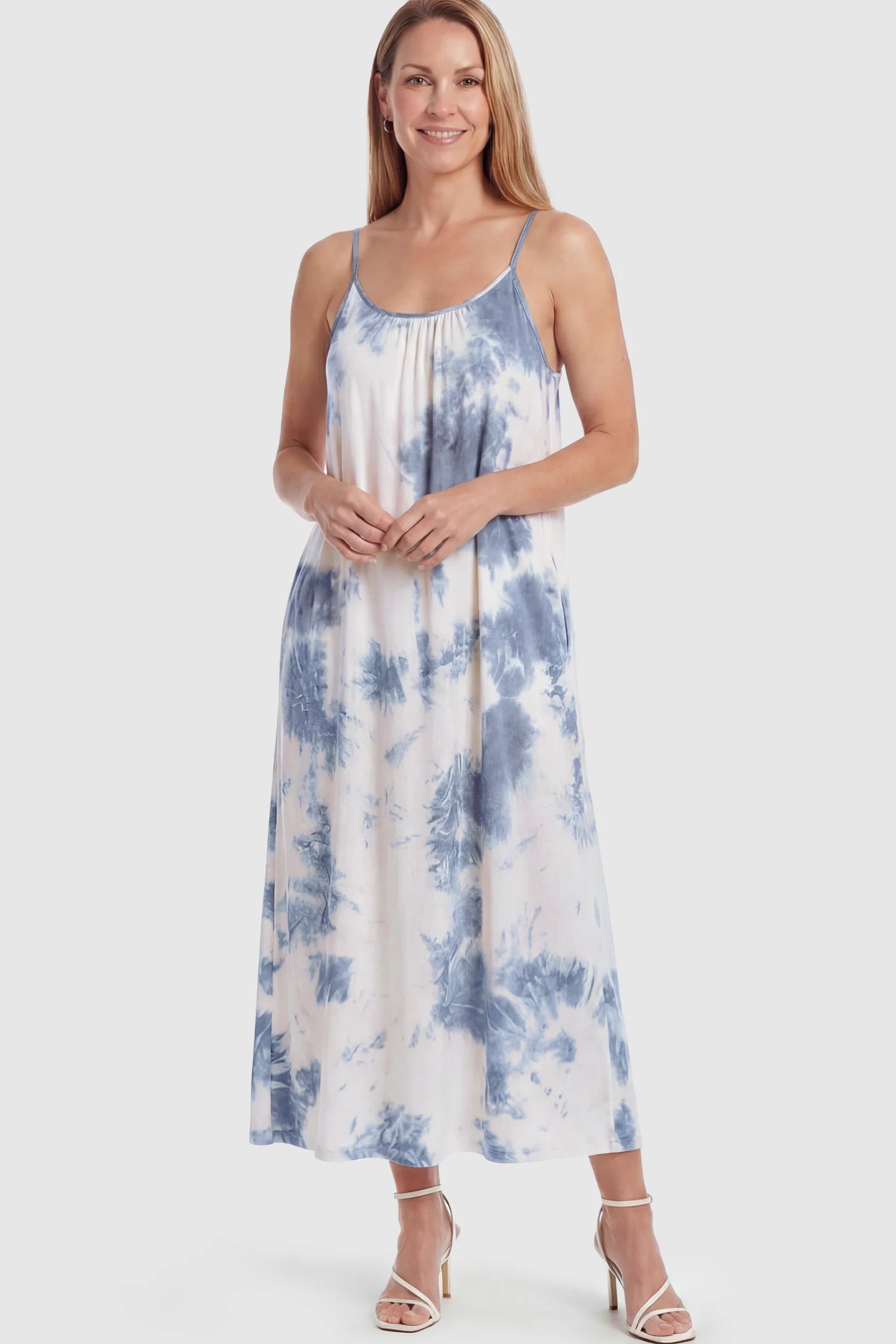 Tie-Dye Print Spaghetti Strap Maternity Maxi Dress Tie-Dye Print Spaghetti Strap Maternity Maxi Dress in Gray and White featuring side pockets on a postpartum model.