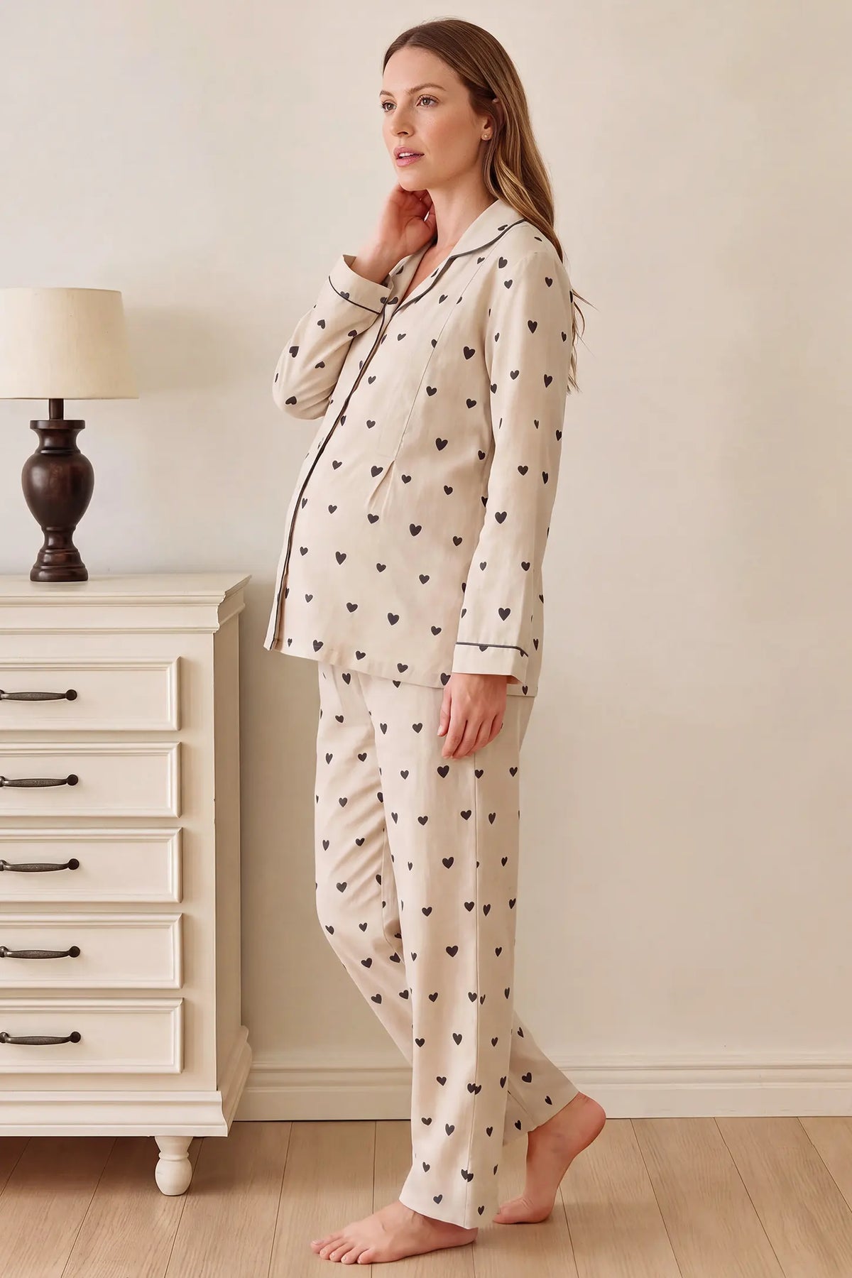 Beige Heart Cotton Gauze Side-Access Nursing Set