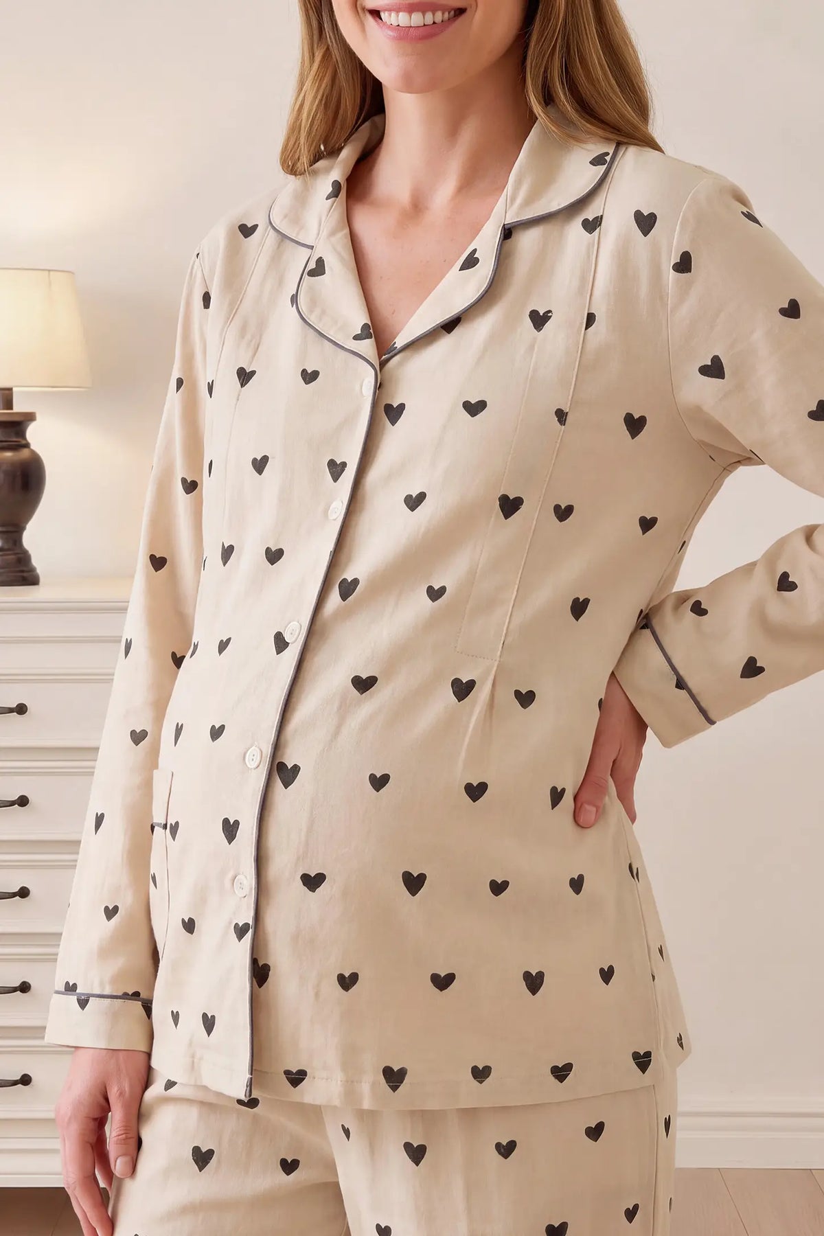 Beige Heart Cotton Gauze Side-Access Nursing Set