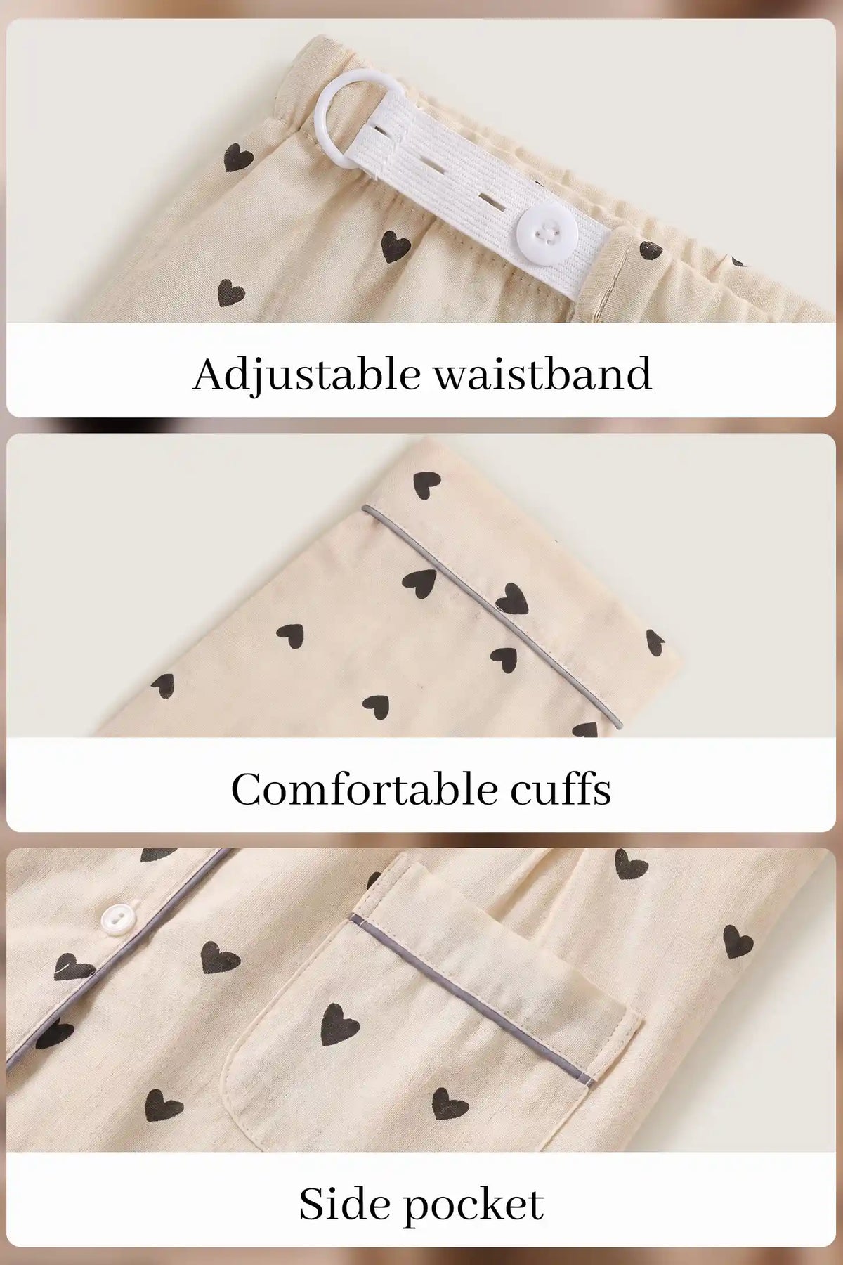Beige Heart Cotton Gauze Side-Access Nursing Set