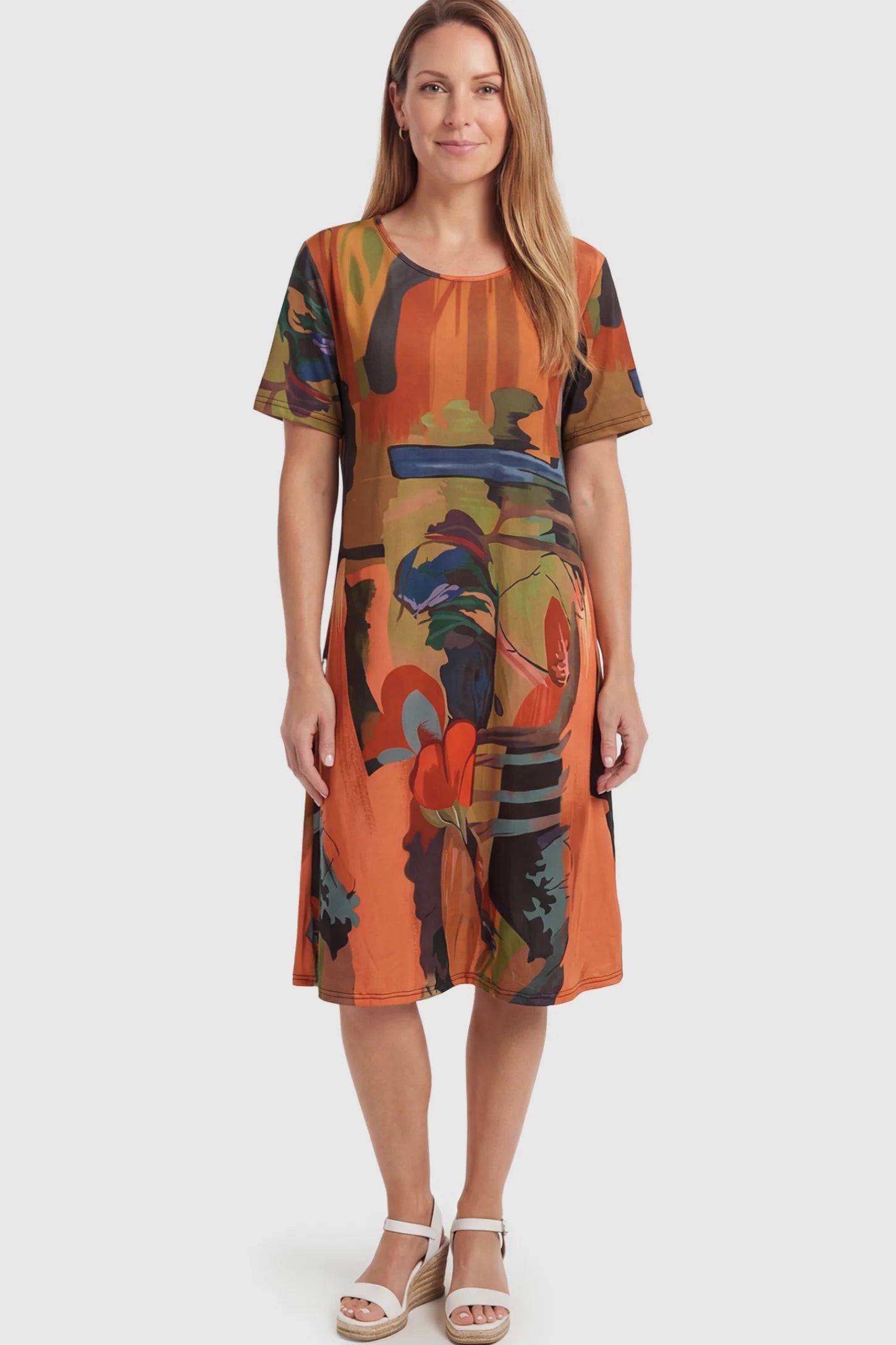 Abstract Print Scoop Neck Maternity Midi Dress Abstract Print Scoop Neck Maternity Midi Dress in vibrant orange featuring a flowy A-line silhouette on a postpartum model.