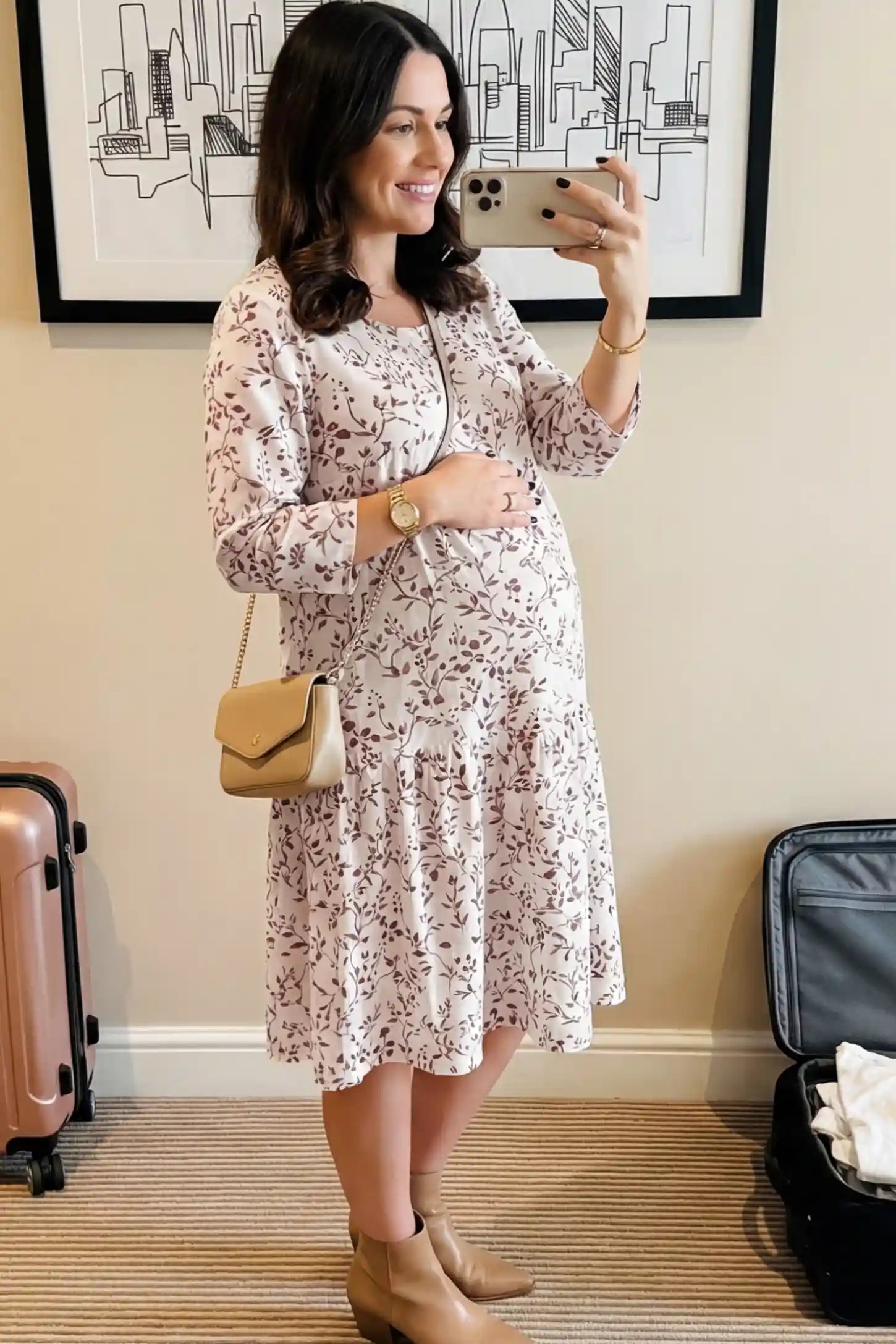 Floral Scoop Neck Tiered Maternity Midi Dress Floral Scoop Neck Tiered Midi Maternity Dress in Rose featuring a sweet tiered skirt on a pregnant woman posing with a bag.