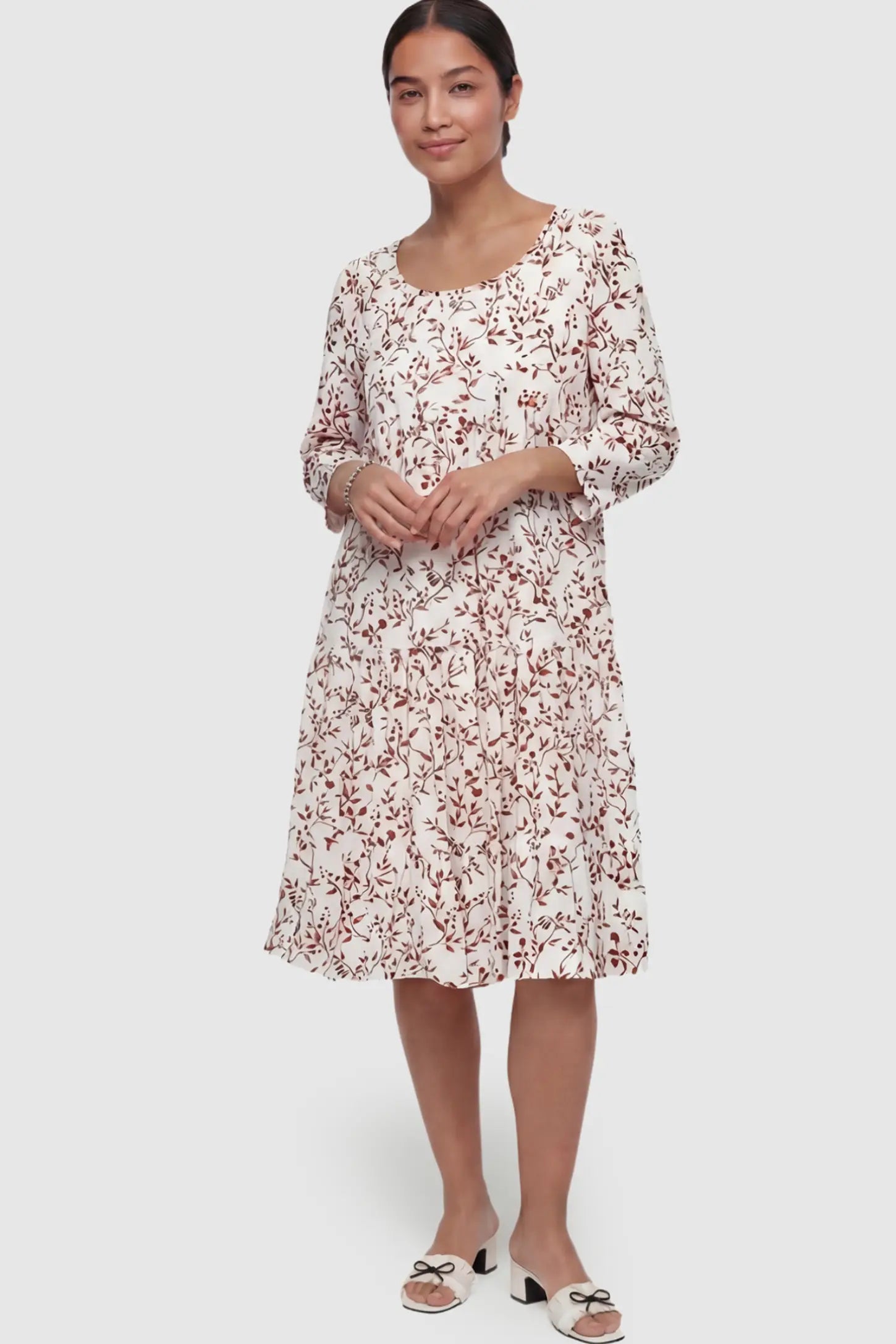 Floral Scoop Neck Tiered Maternity Midi Dress Floral Scoop Neck Tiered Midi Maternity Dress in Rose featuring a sweet tiered skirt on a postpartum model.