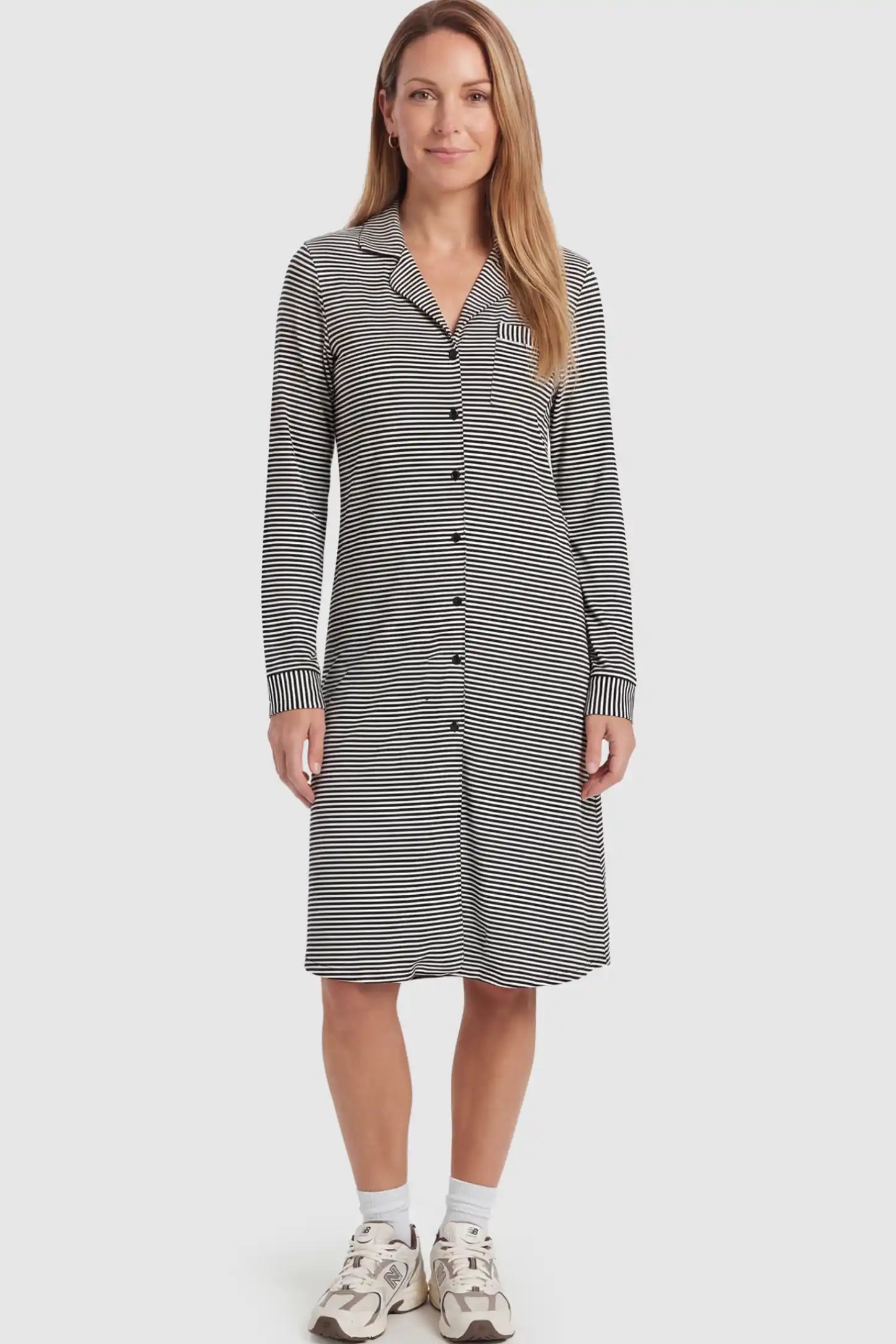 Striped Long Sleeve Button Down Maternity Nightshirt Horizontal Striped Long Sleeve Maternity Nightshirt in Navy Blue featuring a button-down front on a postpartum model.