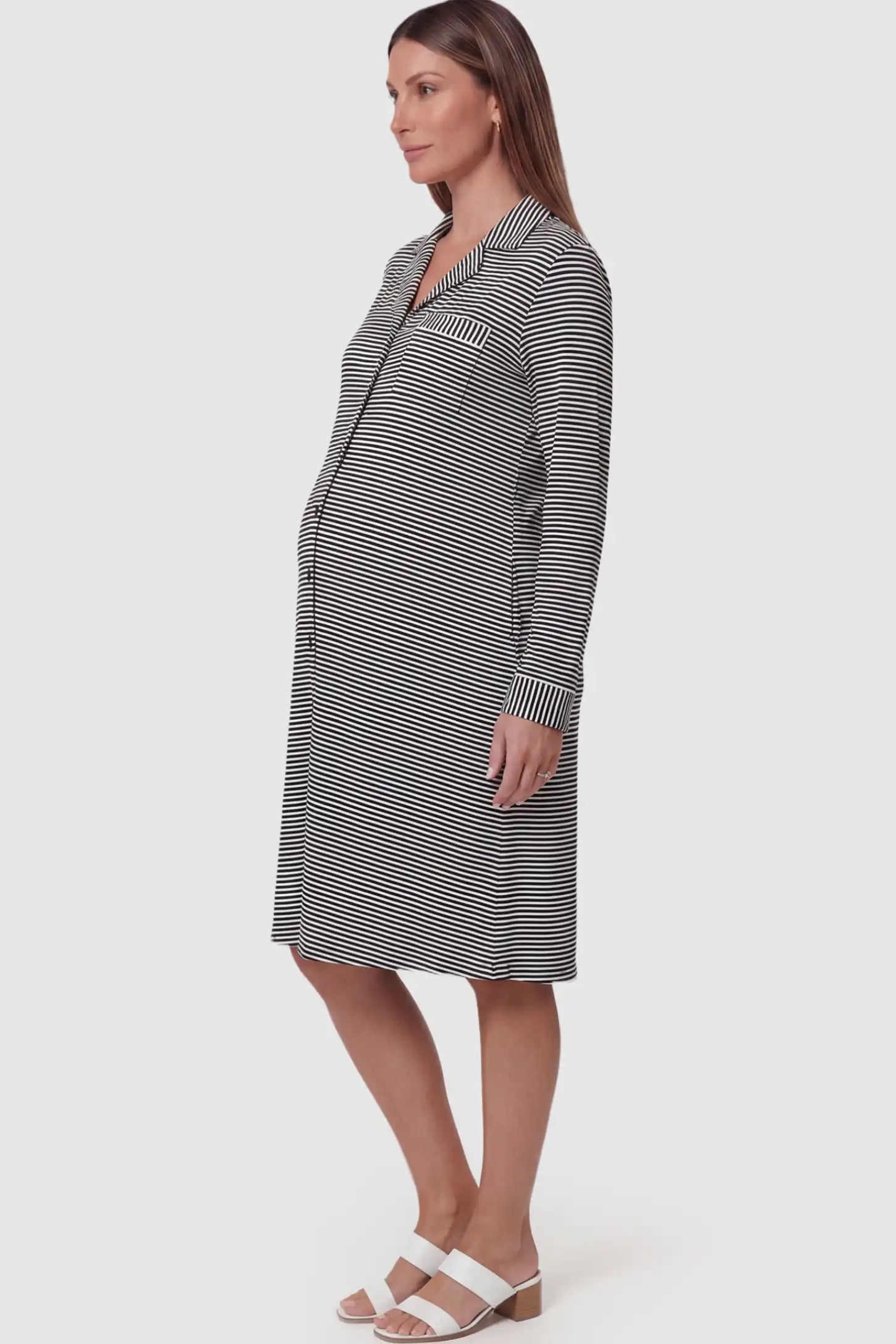 Horizontal Striped Long Sleeve Maternity Nightshirt in Navy Blue featuring a button-down front on a pregnant model.