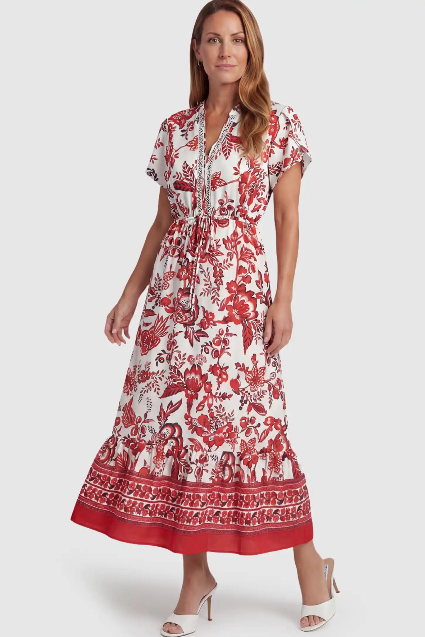 Retro Floral Print V-Neck Maternity Midi Dress Retro Floral Print V-Neck Midi Maternity Dress in red featuring a cinched drawstring waist on a postpartum model.