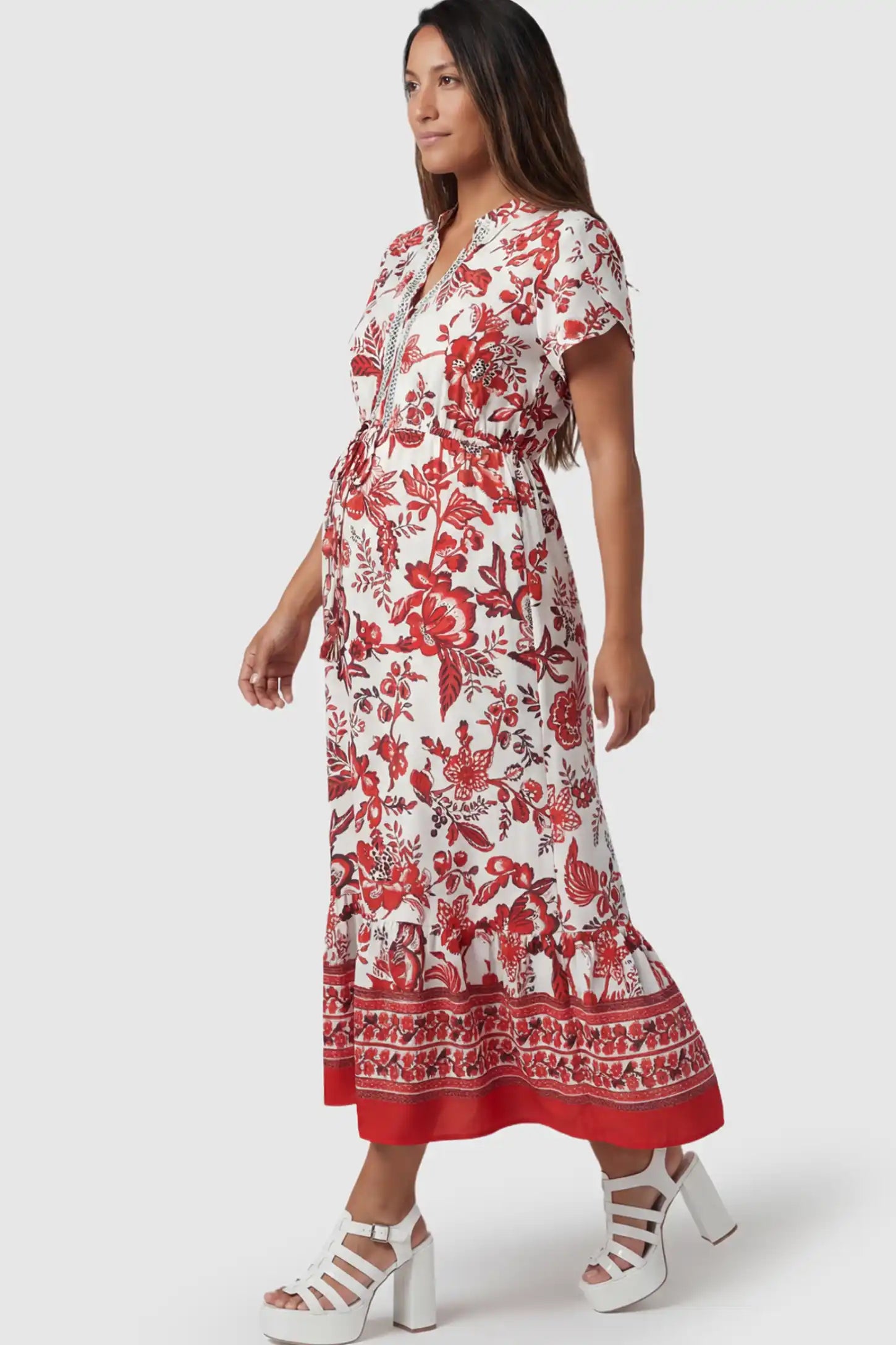 Retro Floral Print V-Neck Midi Maternity Dress in red featuring a cinched drawstring waist on a pregnant model.