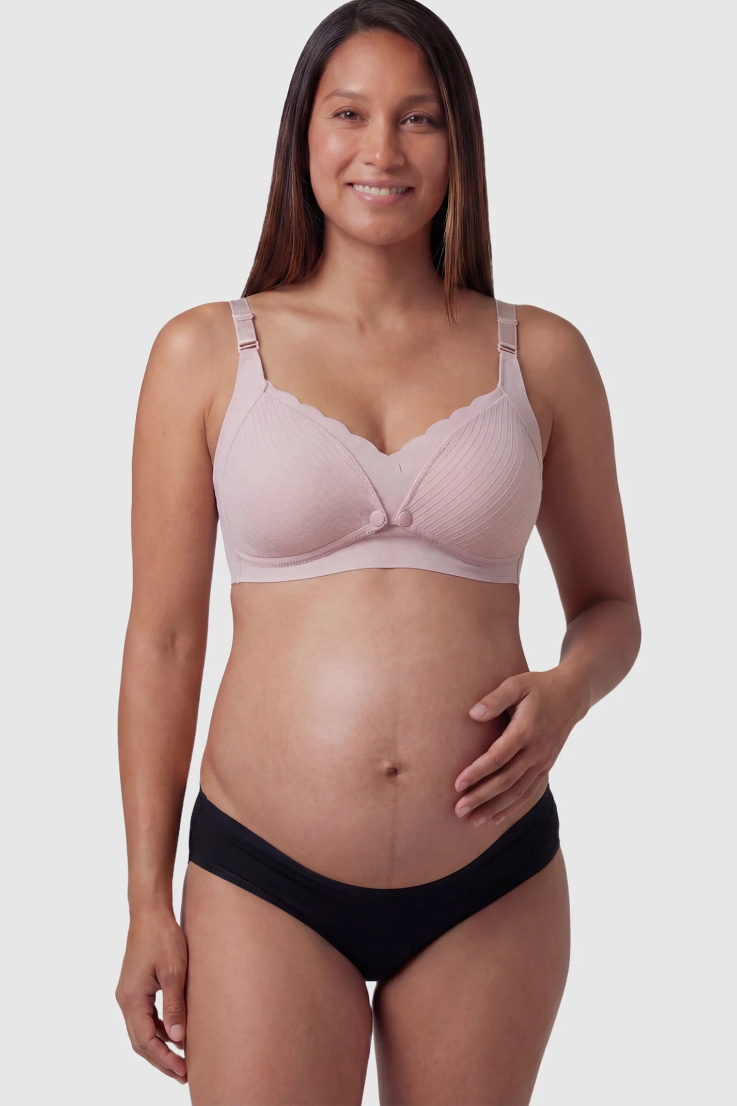 Textured Wire-Free Front-Snap Maternity Nursing Bra in Dusty Rose featuring breathable ribbed fabric on a pregnant model.