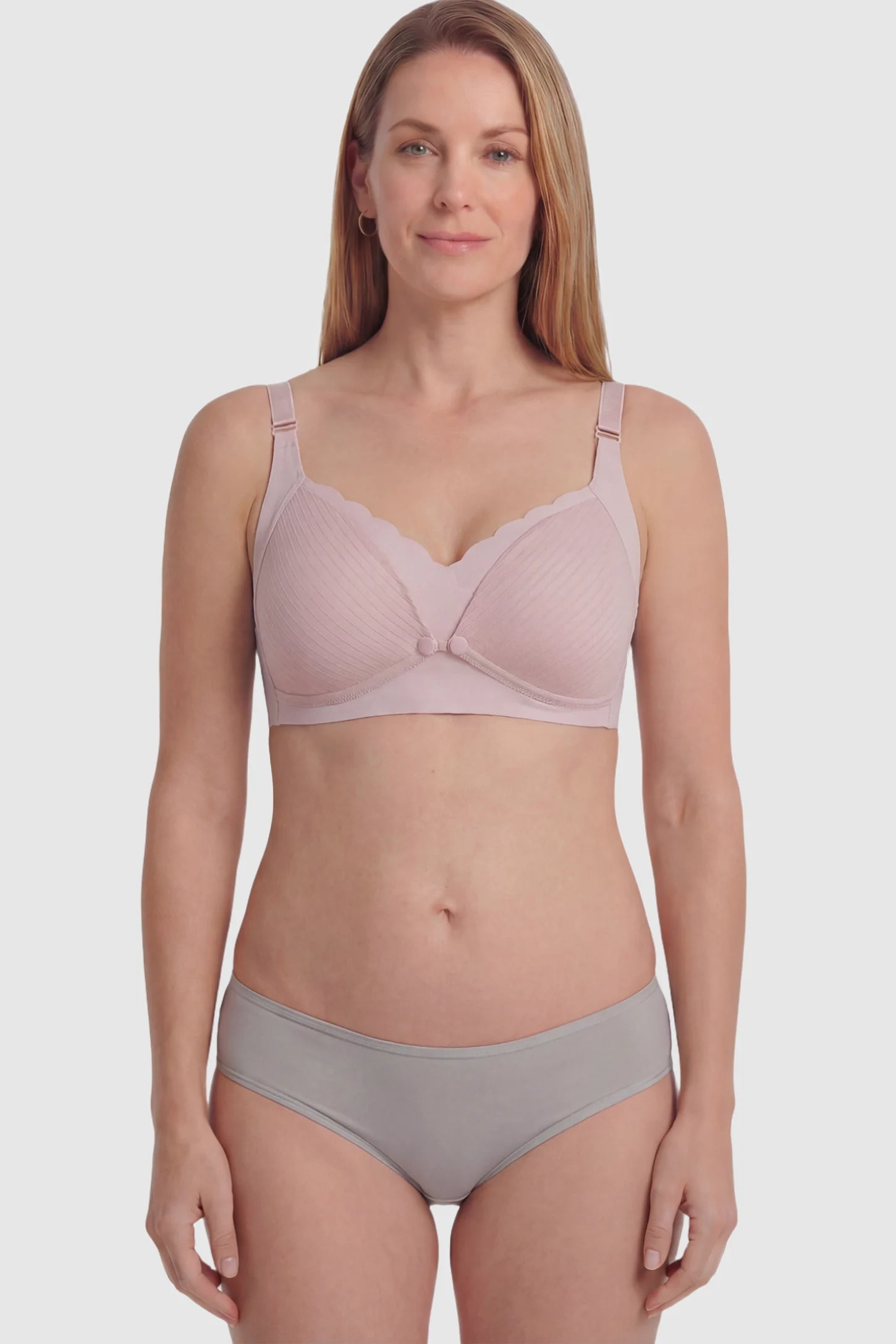 Textured Wire Free Front Snap Maternity Nursing Bra Textured Wire-Free Front-Snap Maternity Nursing Bra in Dusty Rose featuring breathable ribbed fabric on a postpartum model.