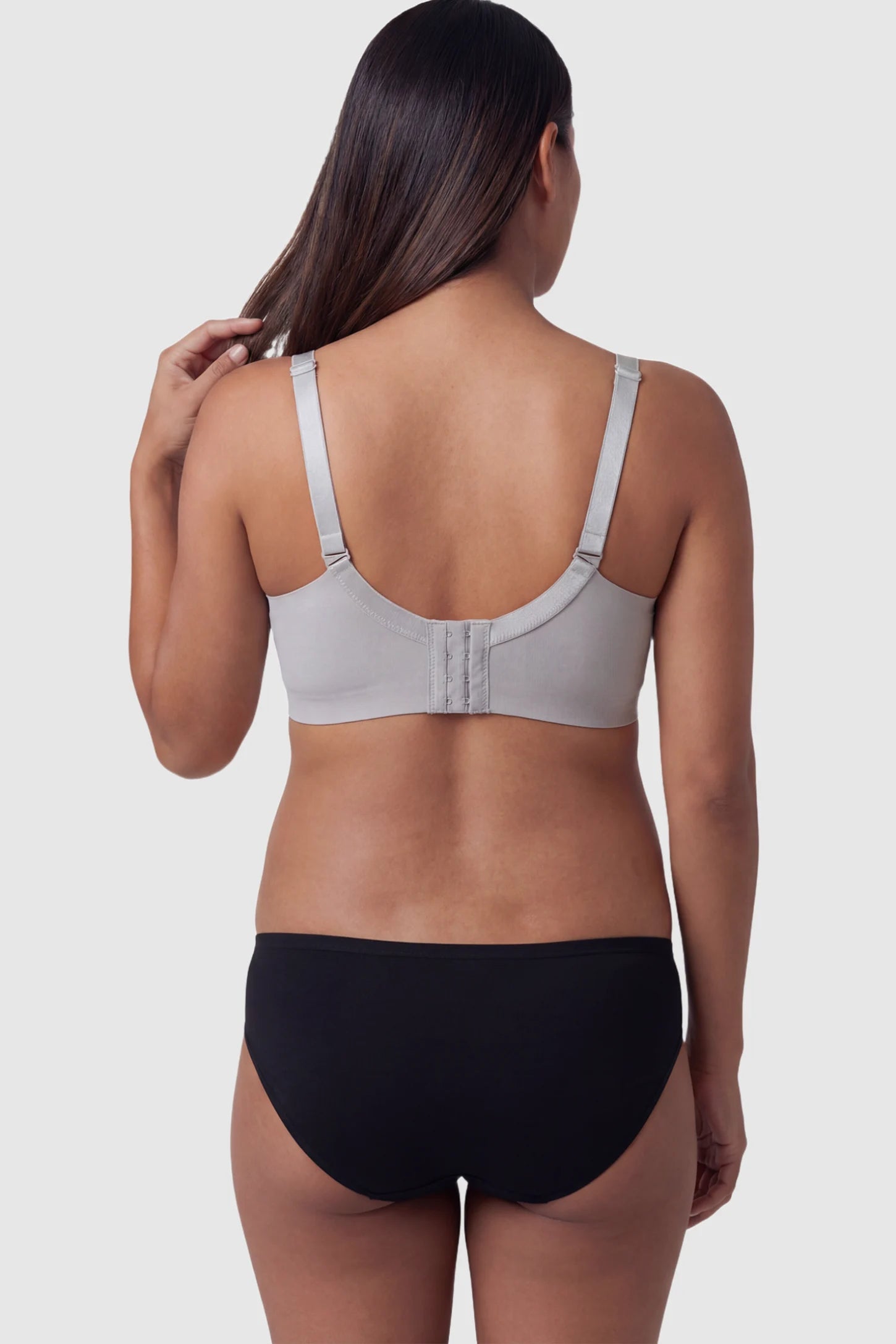Textured Wire Free Front Snap Maternity Nursing Bra Textured Wire-Free Front-Snap Maternity Nursing Bra in Gray on a pregnant model.