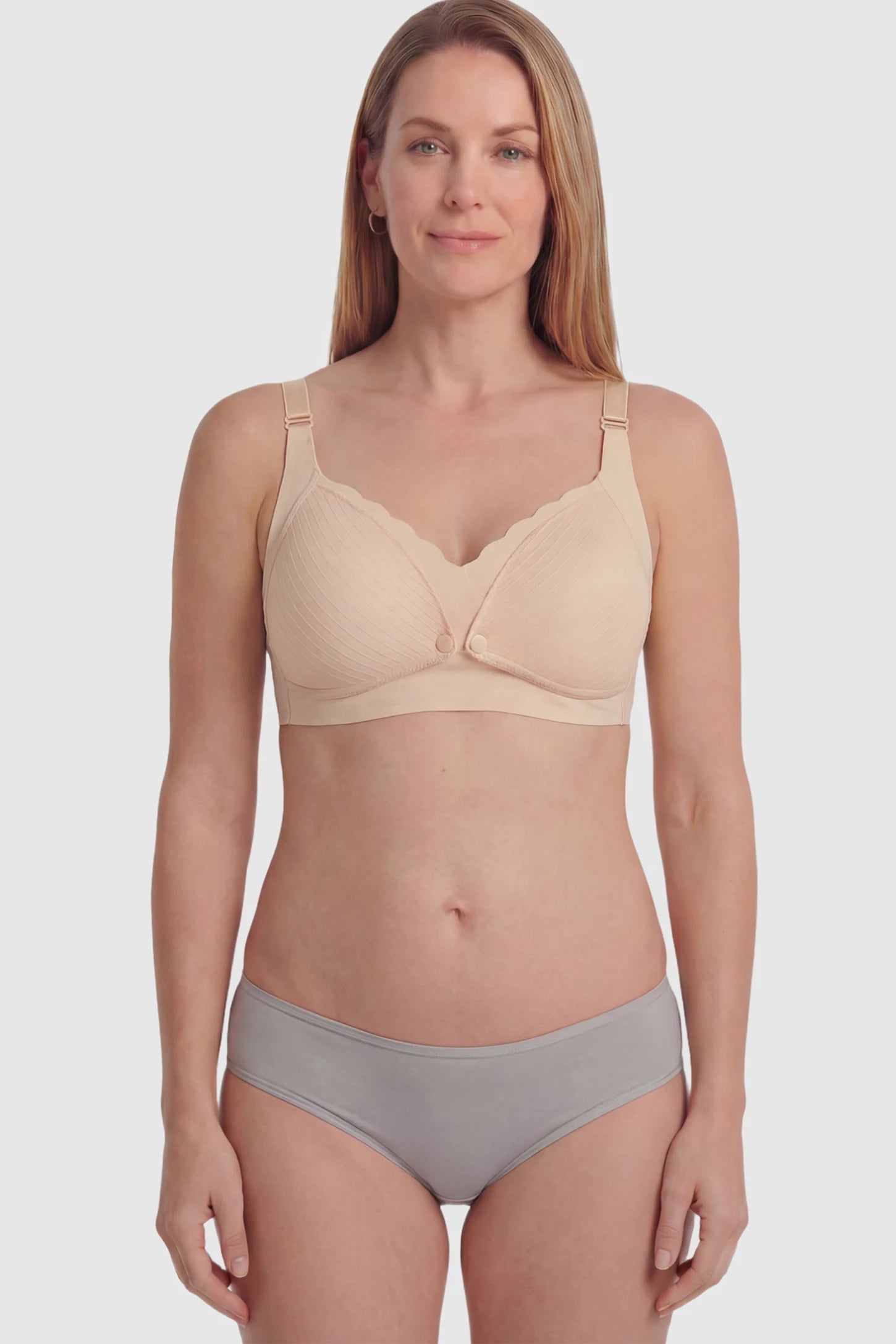 Textured Wire Free Front Snap Maternity Nursing Bra Textured Wire-Free Front-Snap Maternity Nursing Bra in Skin Tone featuring breathable ribbed fabric on a pregnant model.