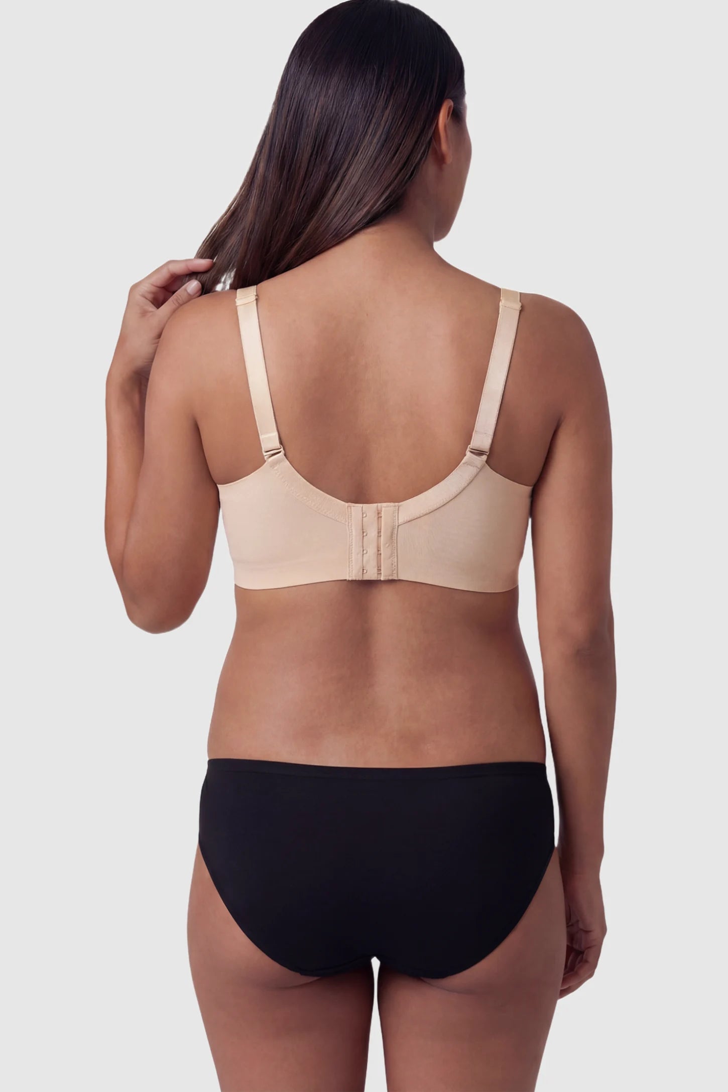 Textured Wire Free Front Snap Maternity Nursing Bra Textured Wire-Free Front-Snap Maternity Nursing Bra in Skin Tone on a pregnant model.