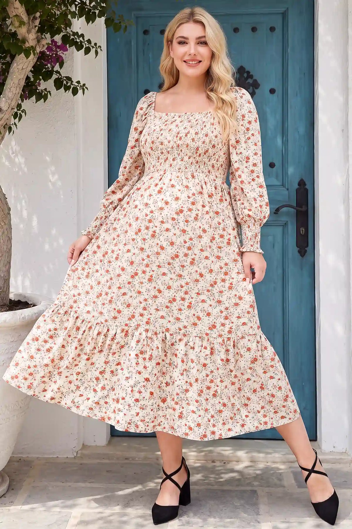 Floral Square Neck Tiered Maternity Midi Dress