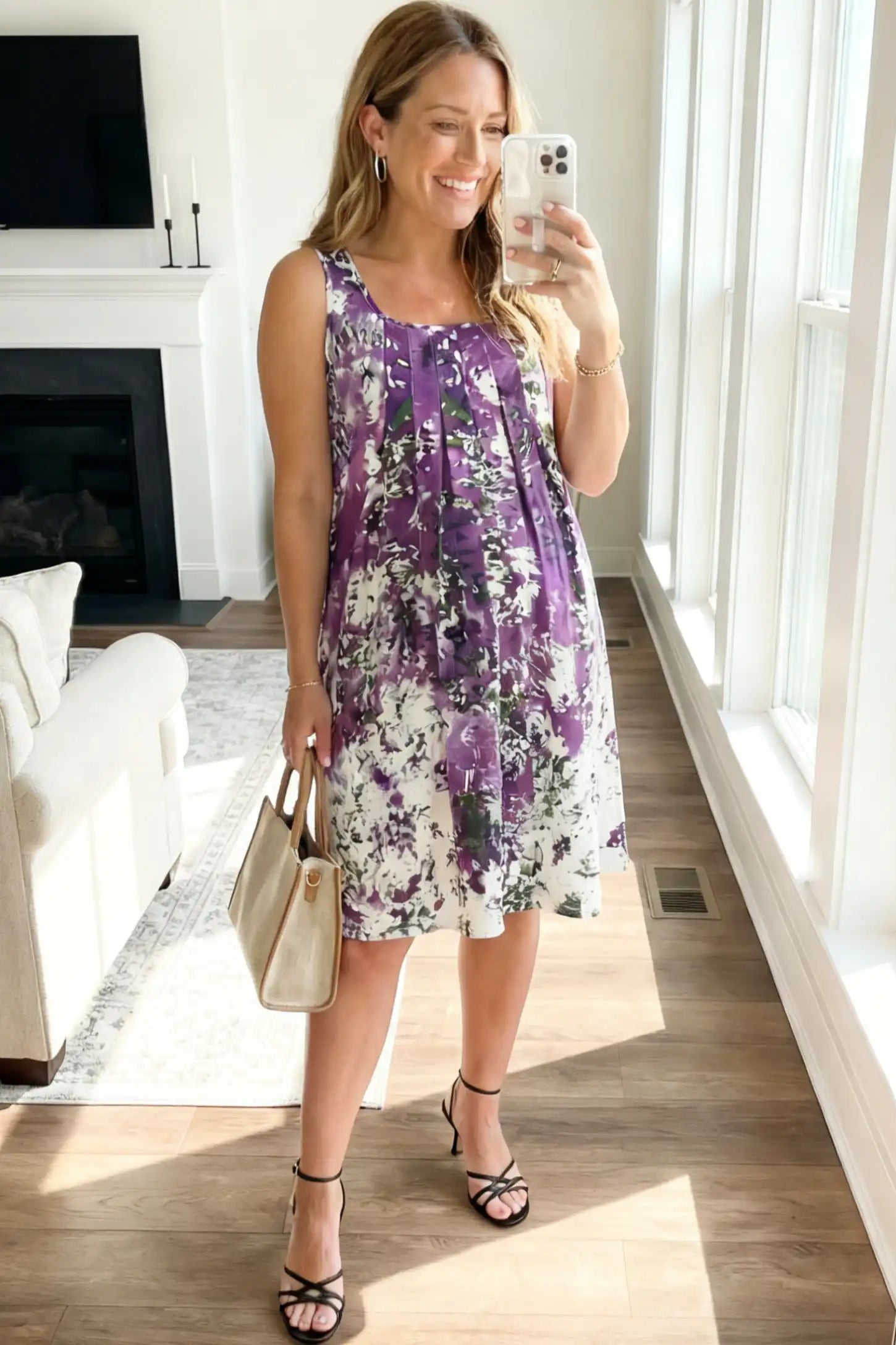 Floral Print Scoop Neck Pleated Maternity Dress Floral Print Scoop Neck Pleated Maternity Short Dress in purple abstract print on a pregnant model.