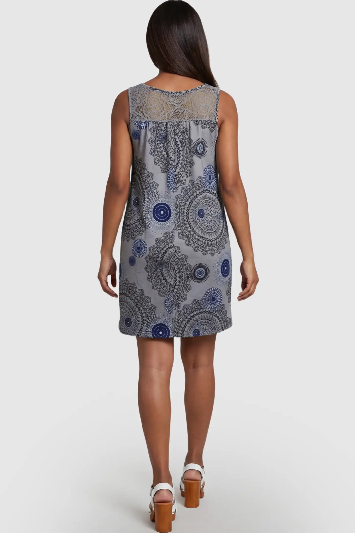 Printed Lace Trim A-Line Maternity Dress Printed Lace Trim A-Line Maternity Dress in Gray featuring a mandala pattern on a pregnant model.