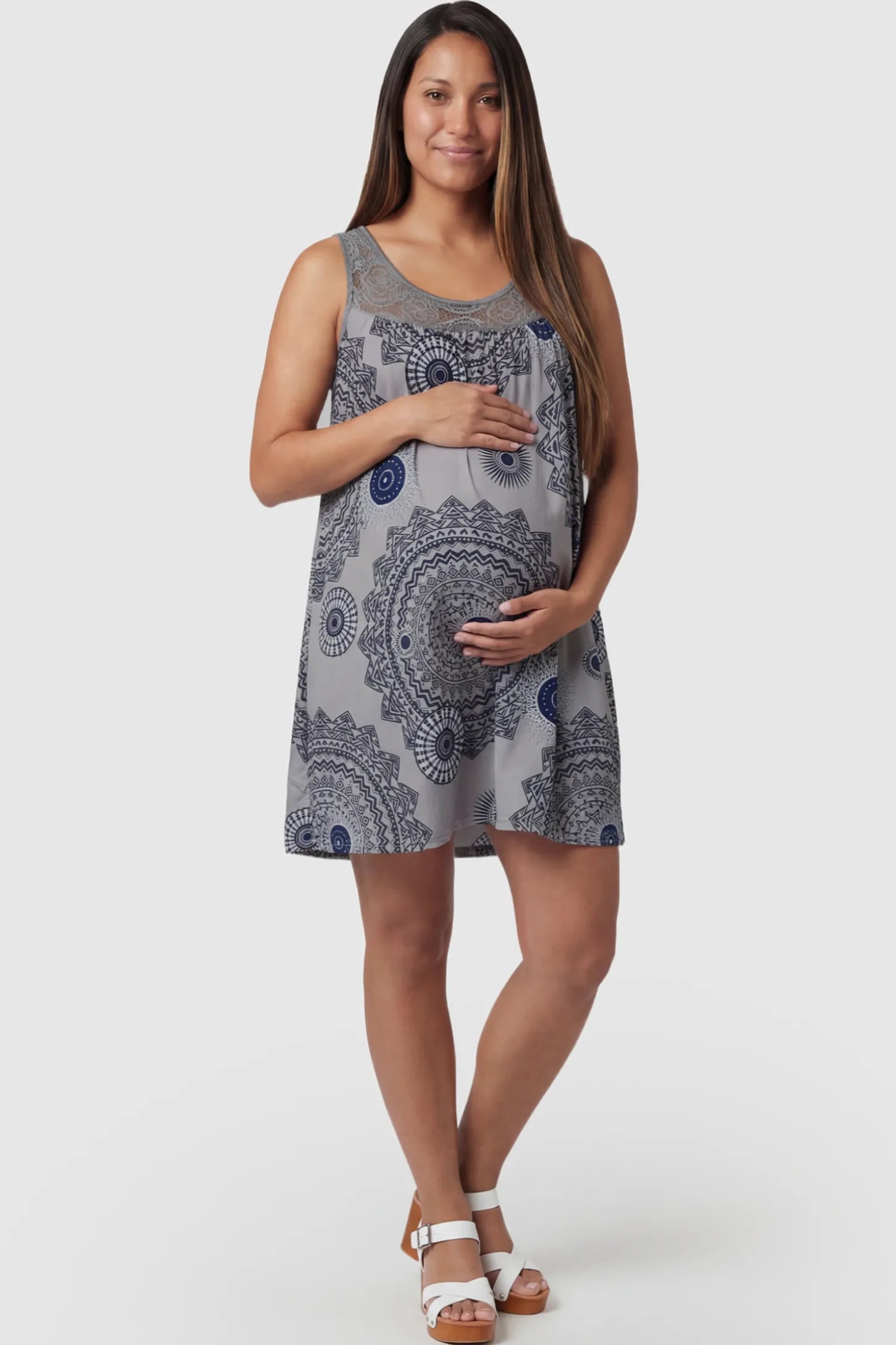 Printed Lace Trim A-Line Maternity Dress in Gray featuring a mandala pattern and lace yoke on a pregnant model.
