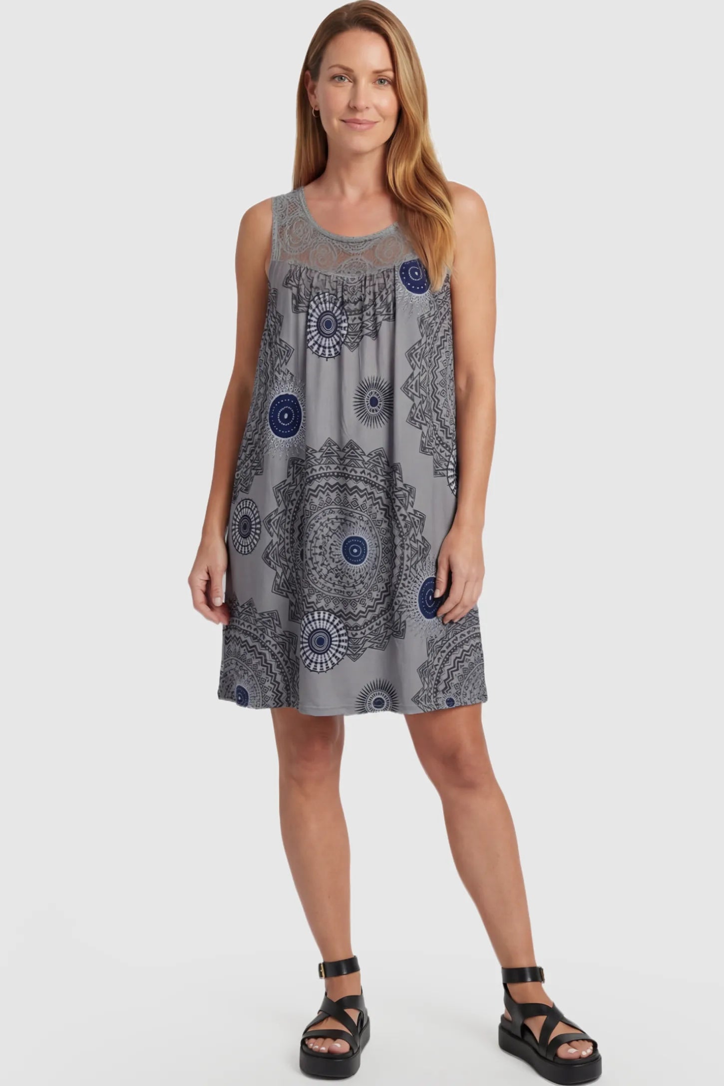 Printed Lace Trim A-Line Maternity Dress Printed Lace Trim A-Line Maternity Dress in Gray featuring a mandala pattern and lace yoke on a postpartum model.