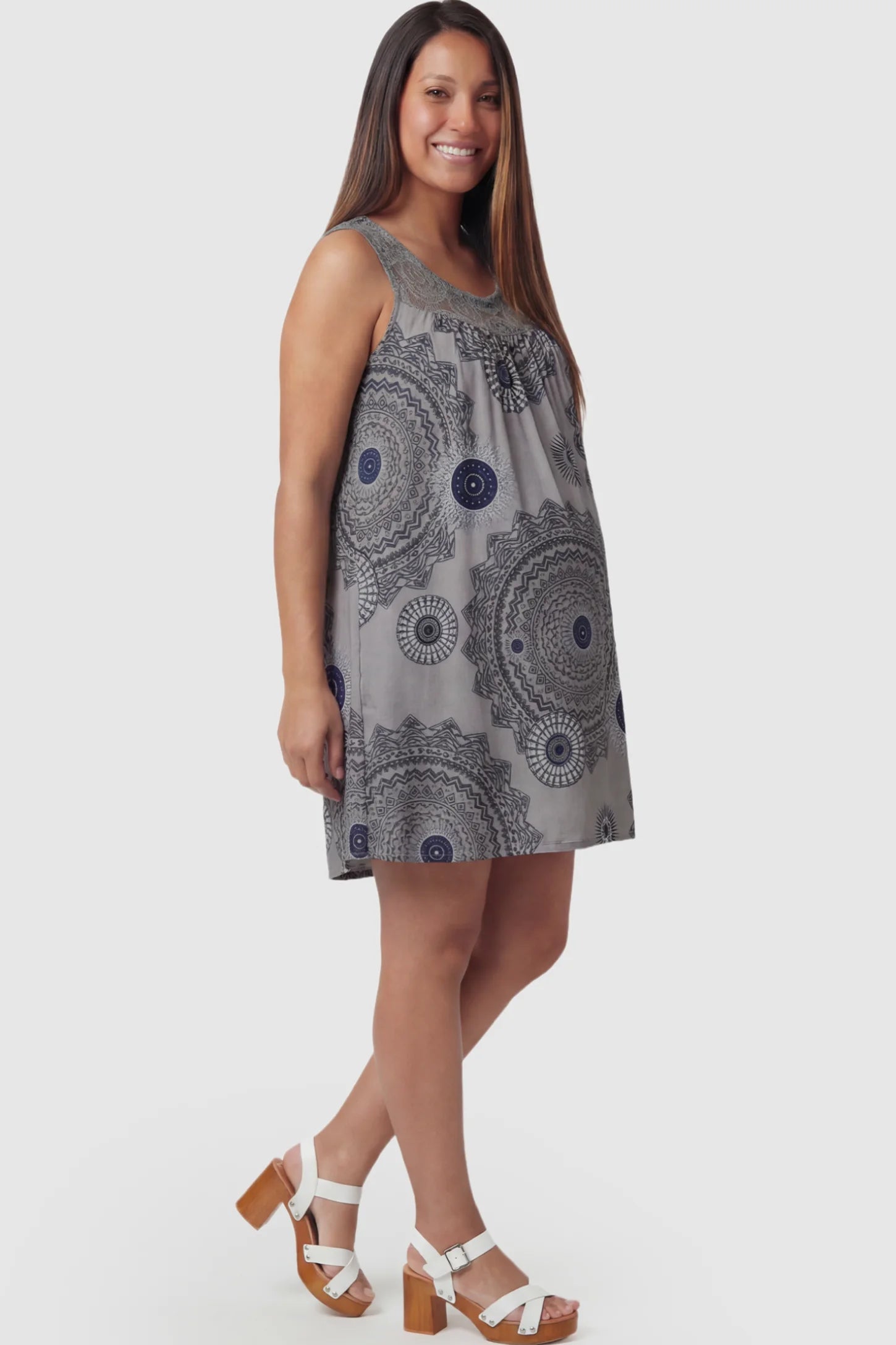 Printed Lace Trim A-Line Maternity Dress Printed Lace Trim A-Line Maternity Dress in Gray featuring a mandala pattern and lace yoke on a pregnant model.