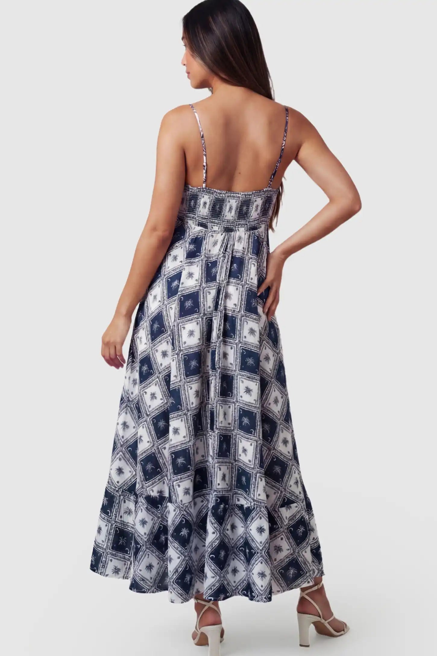 Black Square Print Spaghetti Strap Maternity Maxi Dress Black Square Print Spaghetti Strap Maternity Maxi Dress in a geometric tile pattern on a pregnant model.