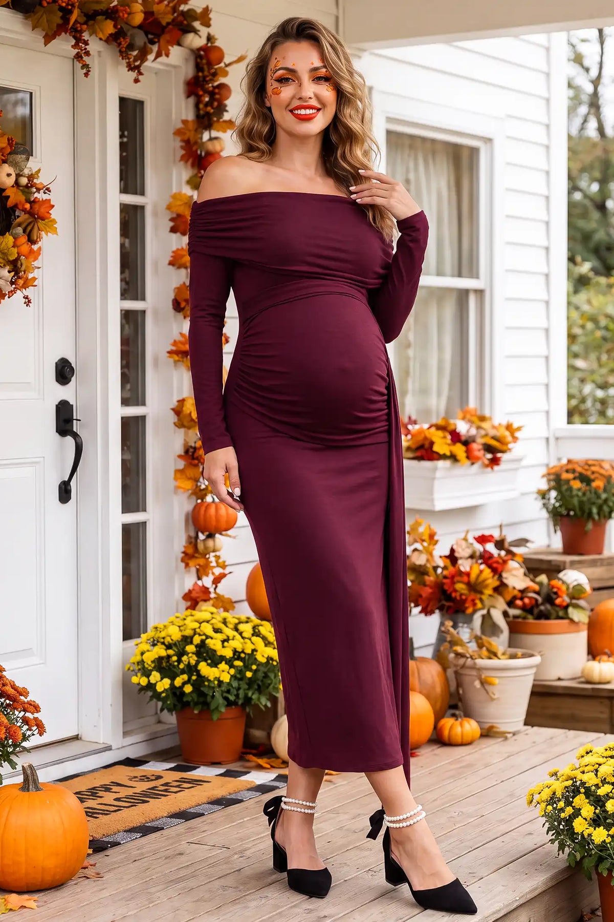 Off Shoulder Draped Wrap Bodycon Maternity Maxi Dress