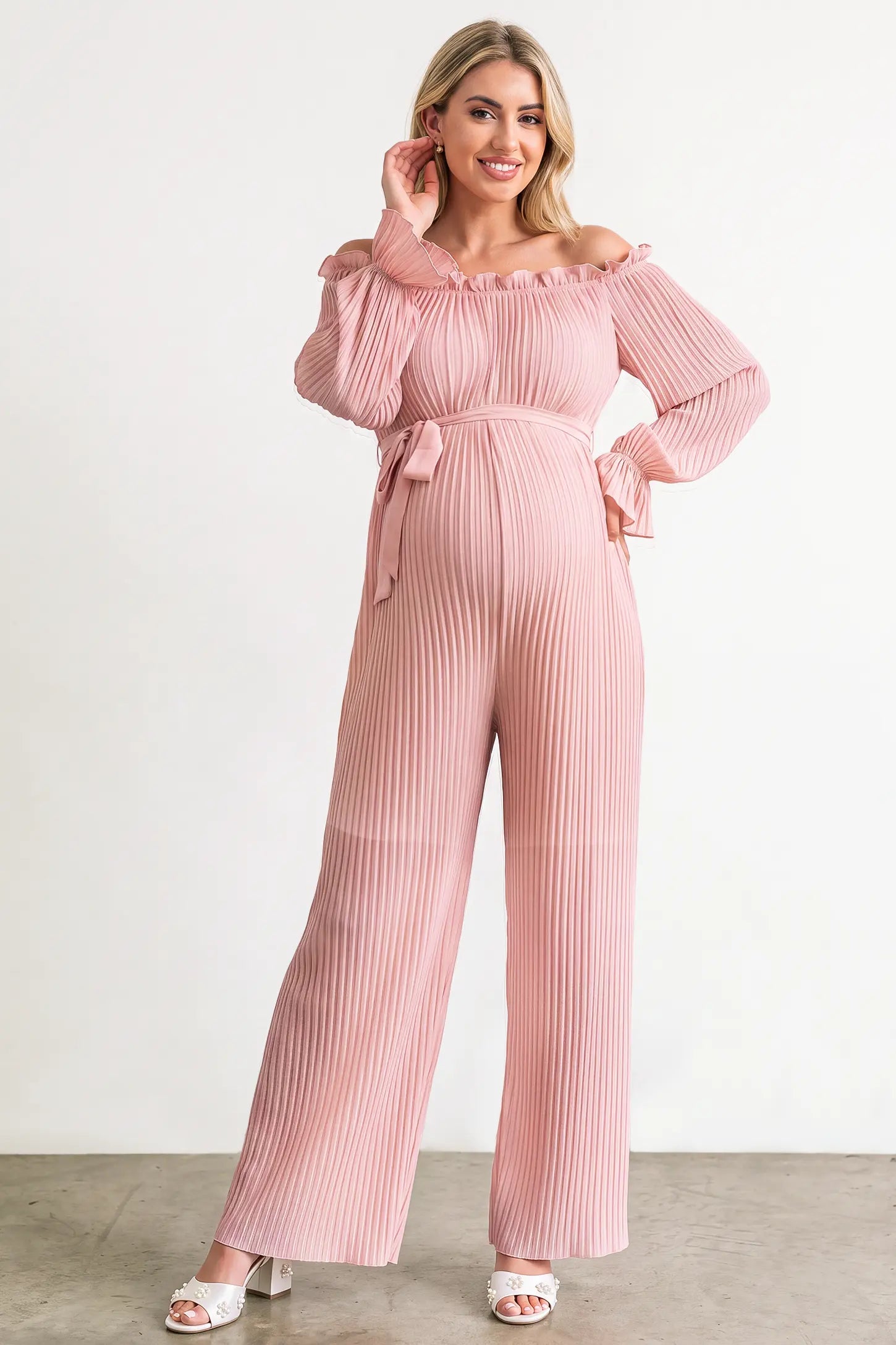 Pleated Off Shoulder Tie-Waist Maternity Jumpsuit