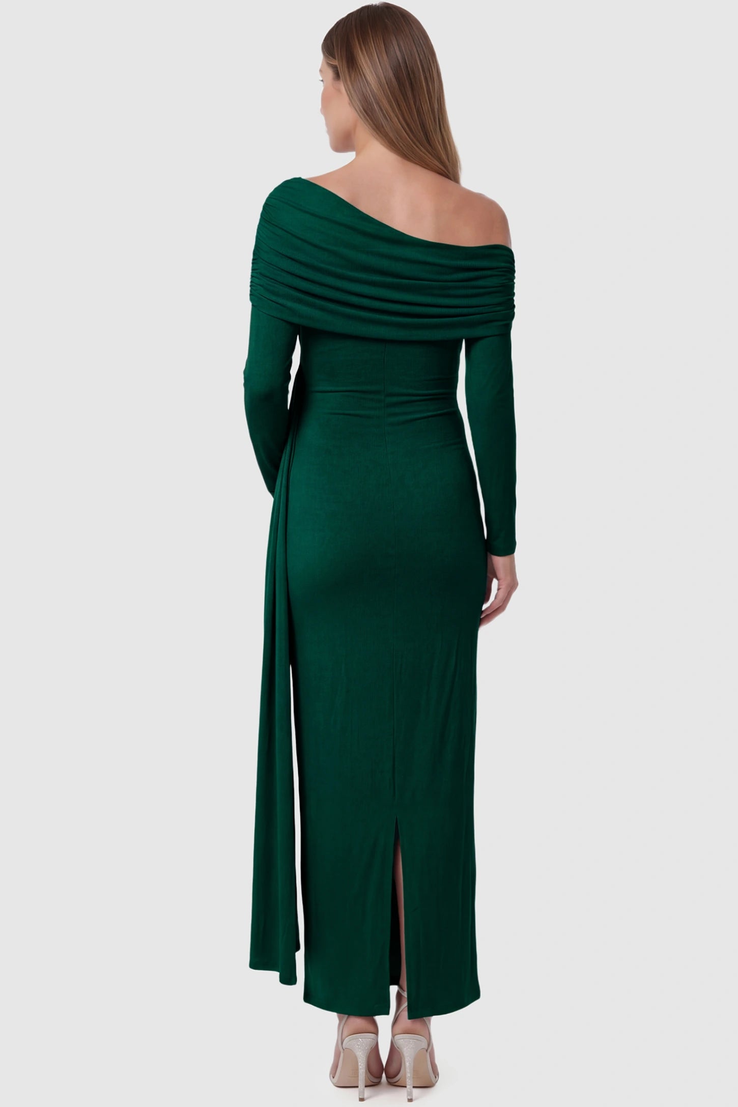 Off Shoulder Draped Wrap Bodycon Maternity Maxi Dress Off Shoulder Draped Wrap Bodycon Maternity Maxi Dress in Green featuring side ruching and long sleeves on a pregnant model back view.