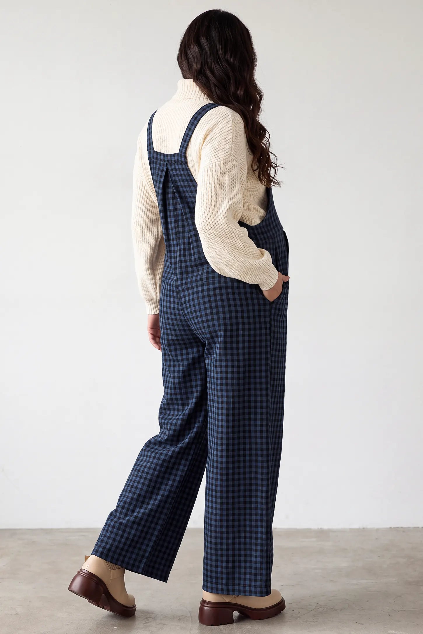Plaid Square-Neck Button-Detail Maternity Jumpsuit