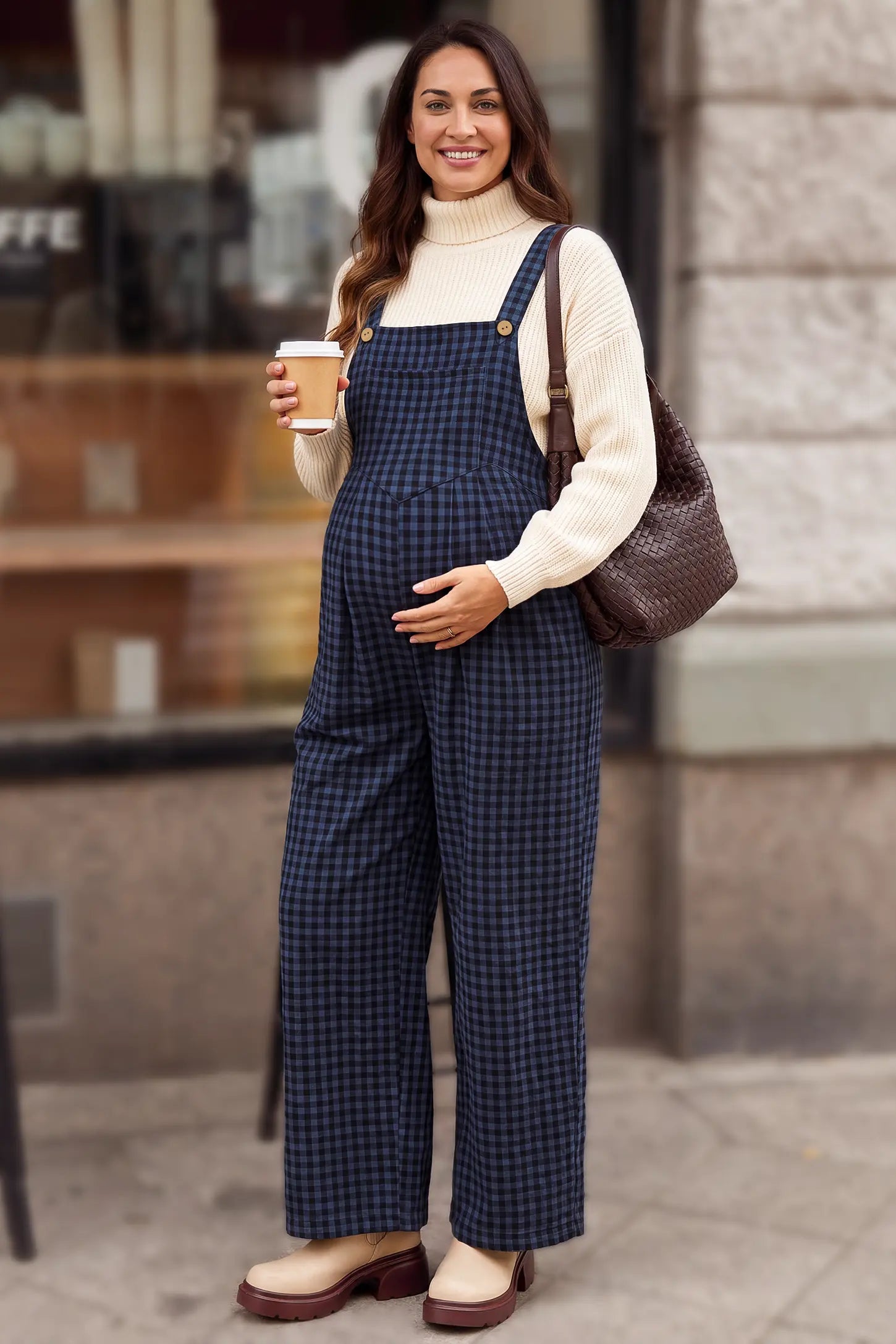Plaid Square-Neck Button-Detail Maternity Jumpsuit