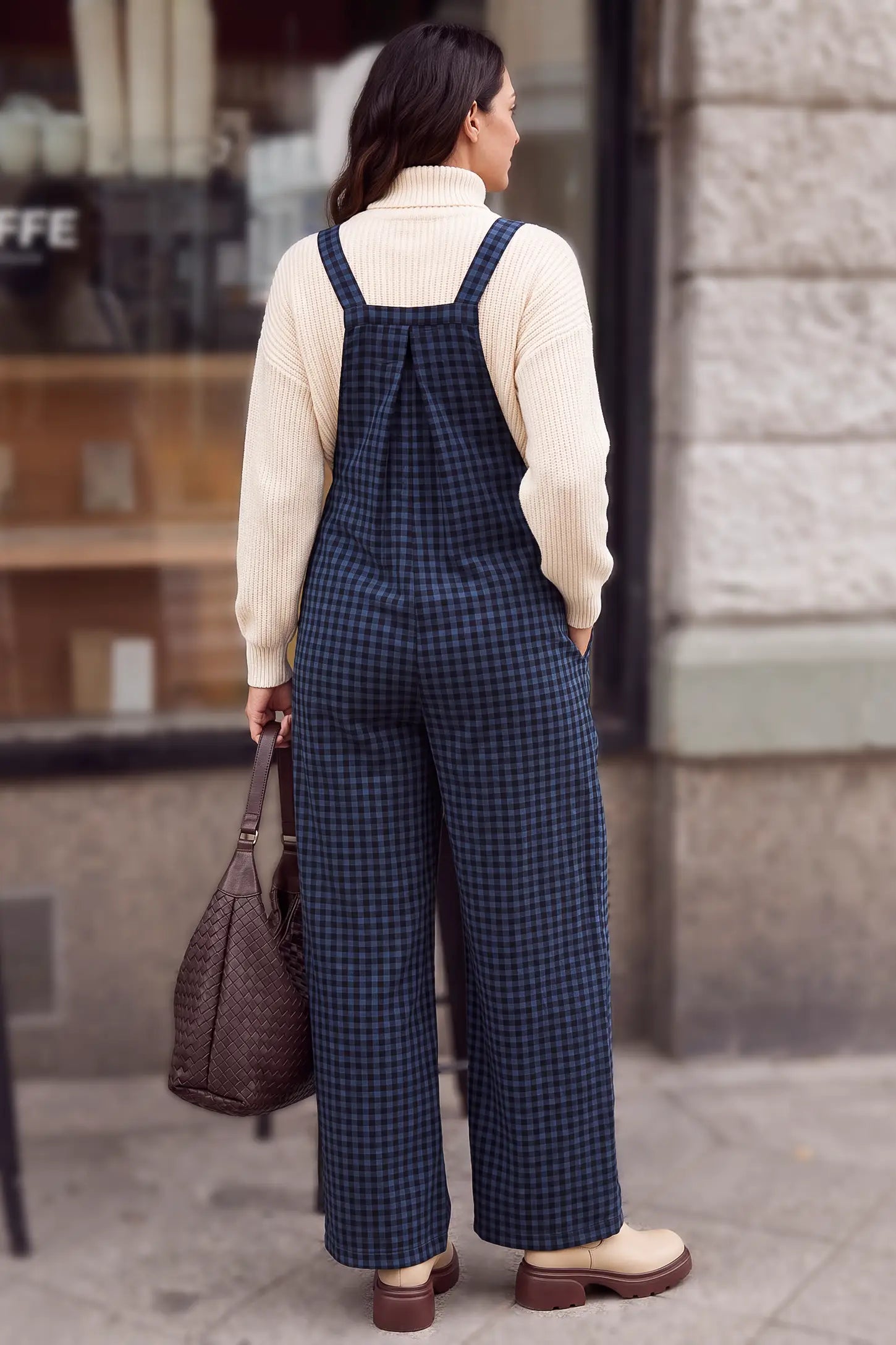 Plaid Square-Neck Button-Detail Maternity Jumpsuit
