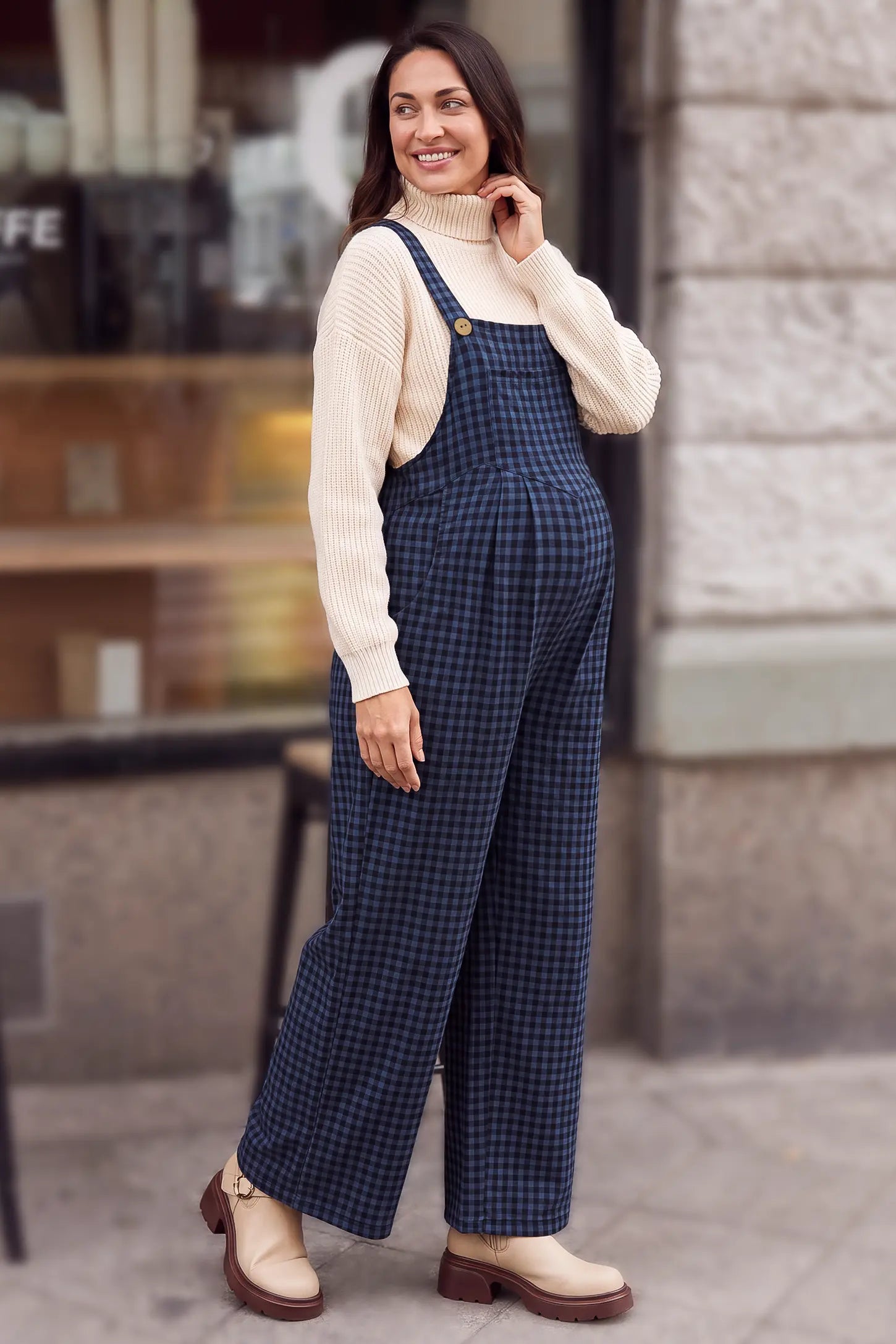 Plaid Square-Neck Button-Detail Maternity Jumpsuit