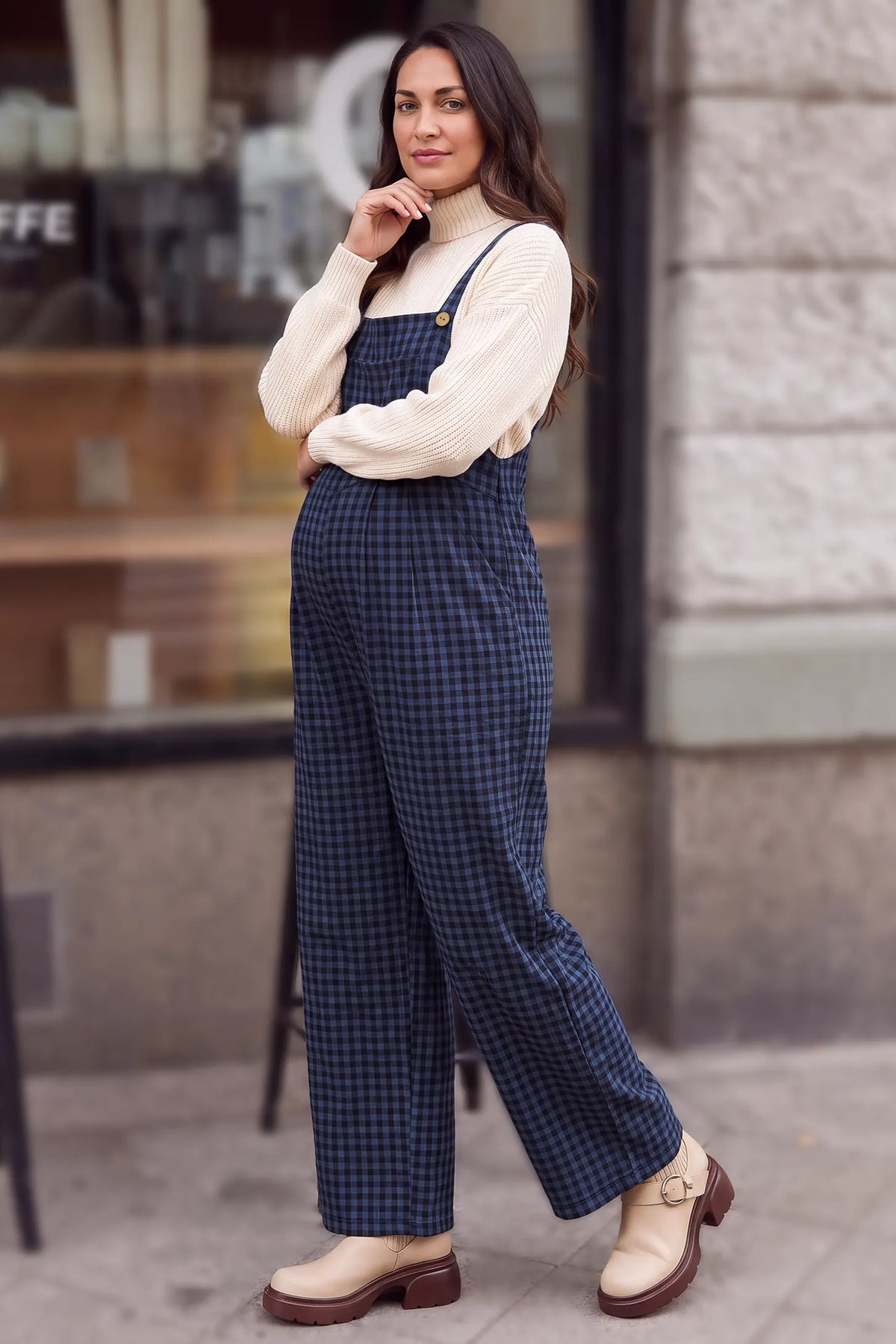 Plaid Square-Neck Button-Detail Maternity Jumpsuit