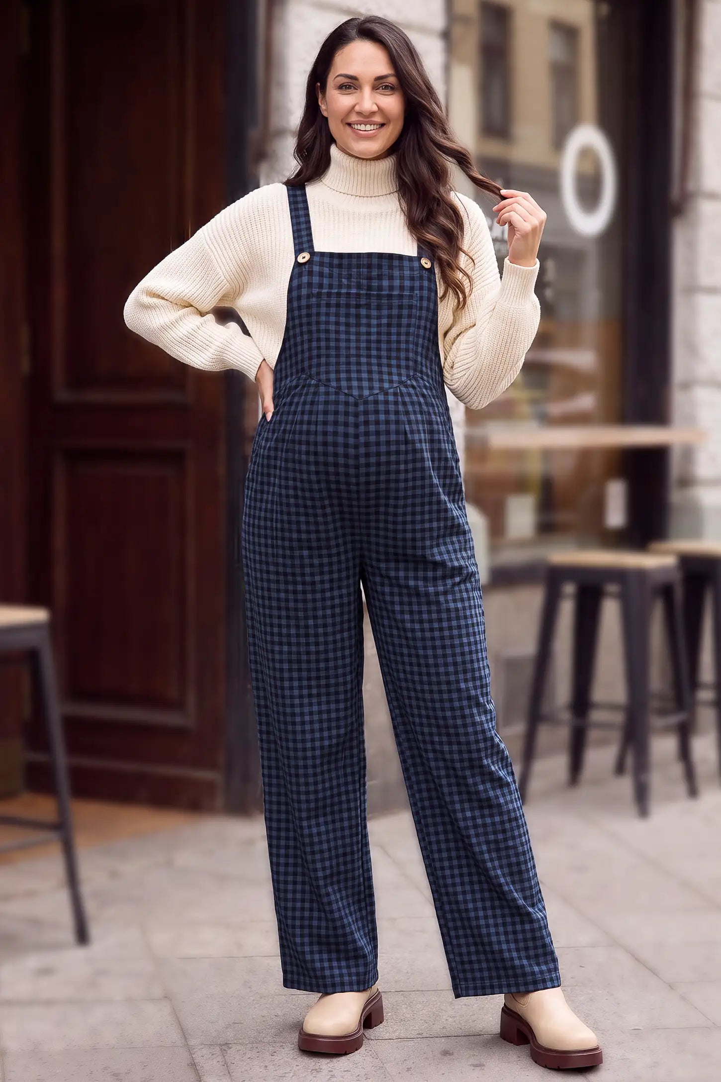 Plaid Square-Neck Button-Detail Maternity Jumpsuit